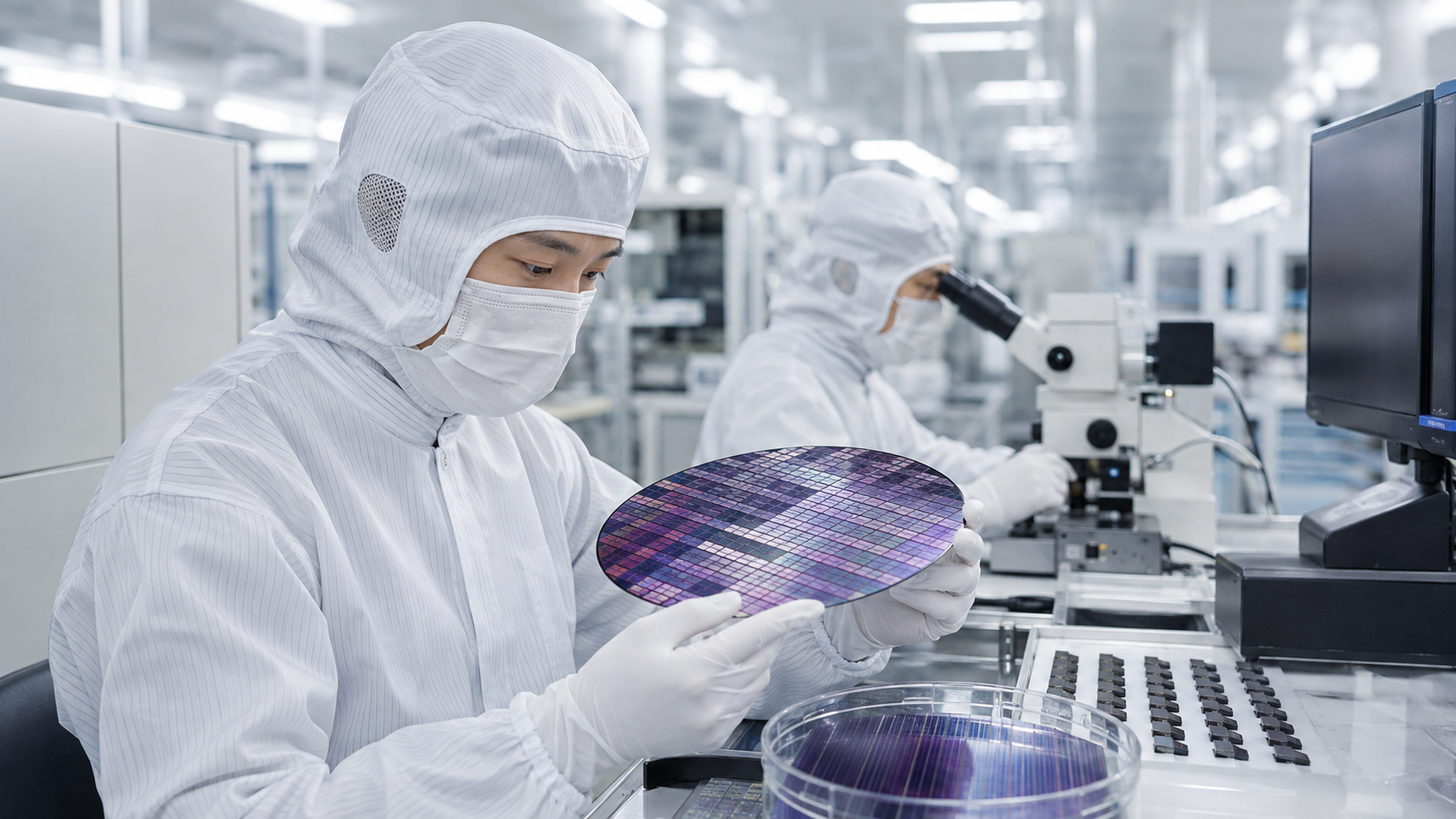 半導体クリーンルームでウエハを検査する技術者とロームの垂直統合型IDMをイメージした製造現場