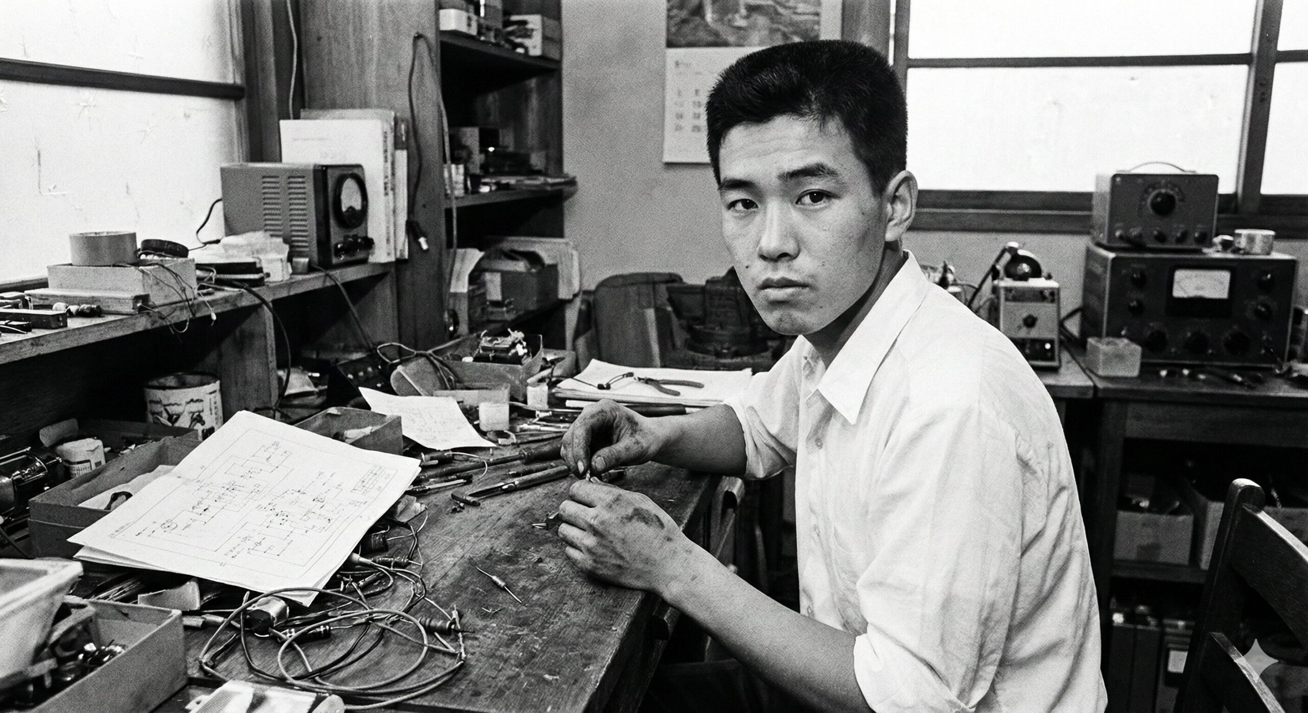  昭和中期の作業場で、若き日の佐藤研一郎氏が真剣な表情で炭素皮膜抵抗器の試作品を製作している様子。手元には工具や設計図が広がり、創業時の熱気と職人魂が伝わってくるモノクロ写真。