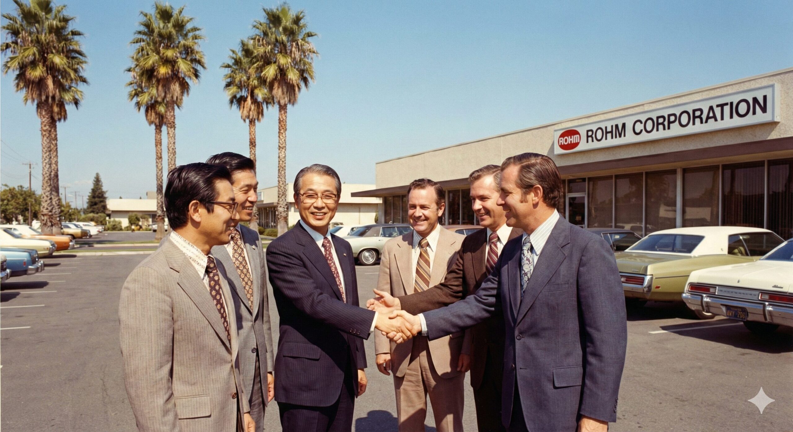 1970年代初頭のカリフォルニア州サニーベール。青空とヤシの木の下、「ROHM CORPORATION」の看板を掲げたオフィスビルの前で、日本とアメリカのビジネスマンが握手を交わしている歴史的な写真。