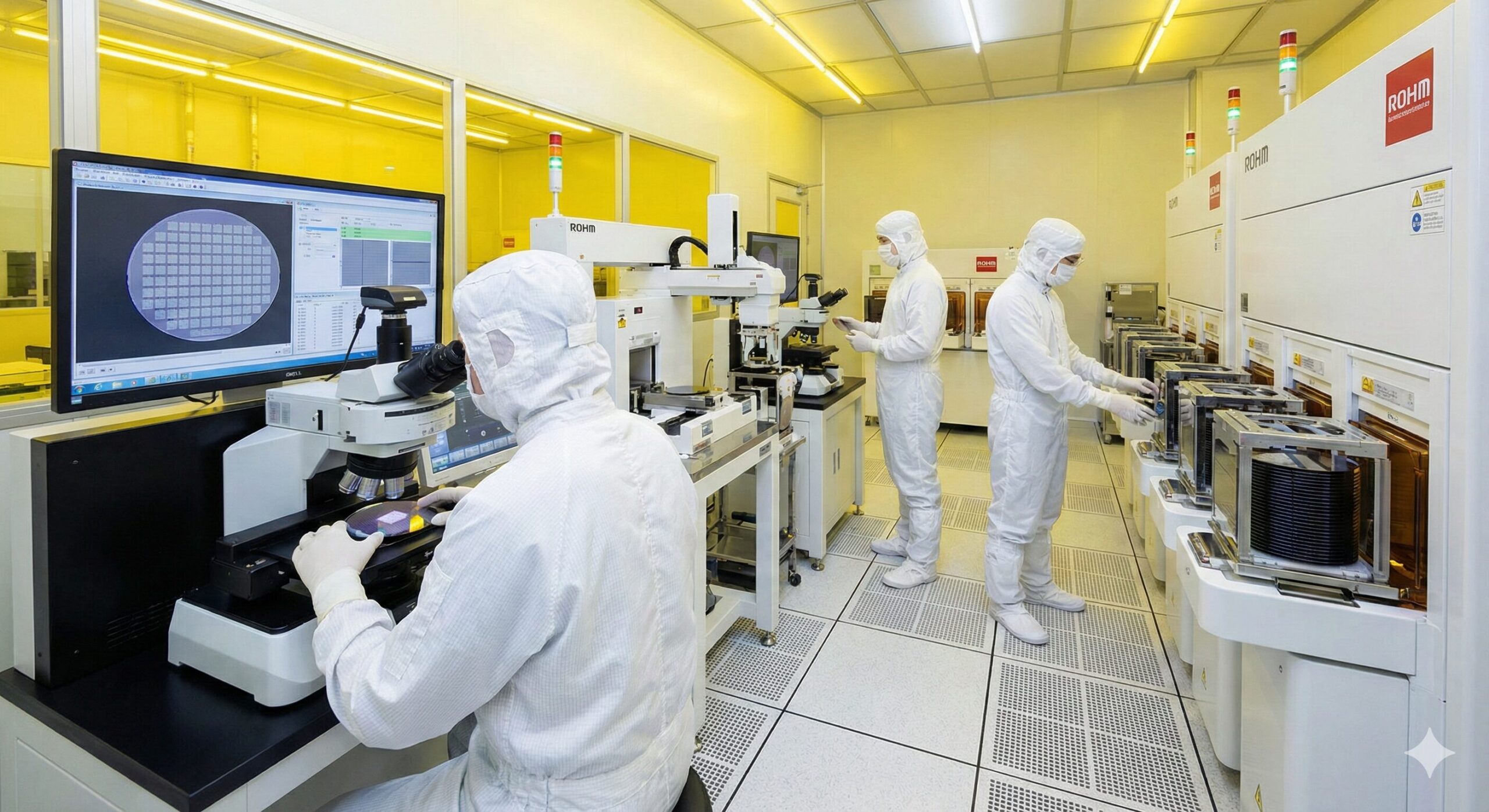 最先端の半導体クリーンルーム内で、防塵服を着用した技術者たちが自動化された製造装置や検査機器を操作し、ウエハの品質管理を行っている様子。高度な技術と厳格な管理体制を示す写真。
