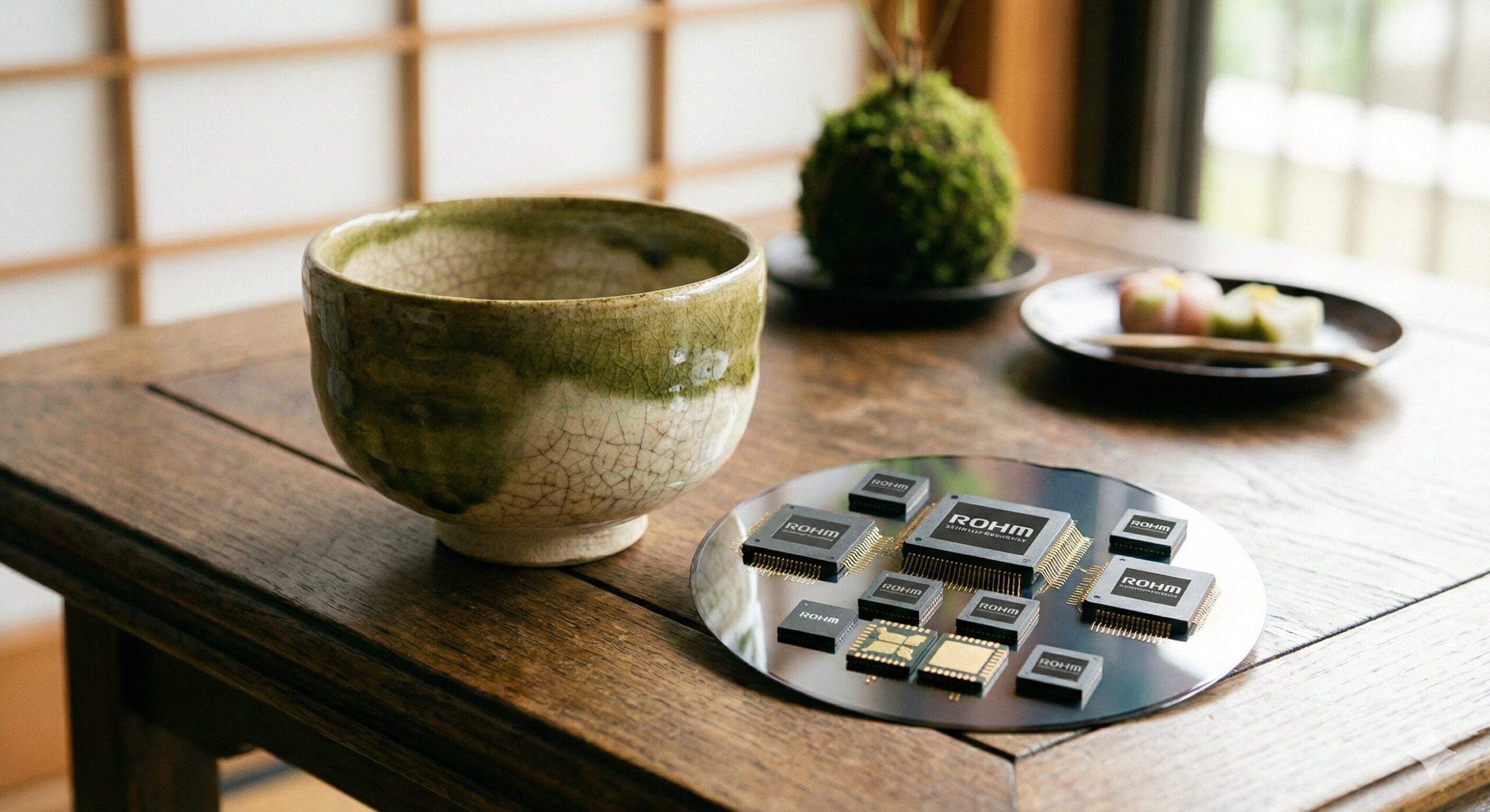 伝統的な京焼の茶碗と、シリコンウエハ上に美しく並べられた最新の半導体パッケージが、木のテーブルの上で調和して配置されている静物写真。京都の伝統工芸と先端技術の融合を象徴している。