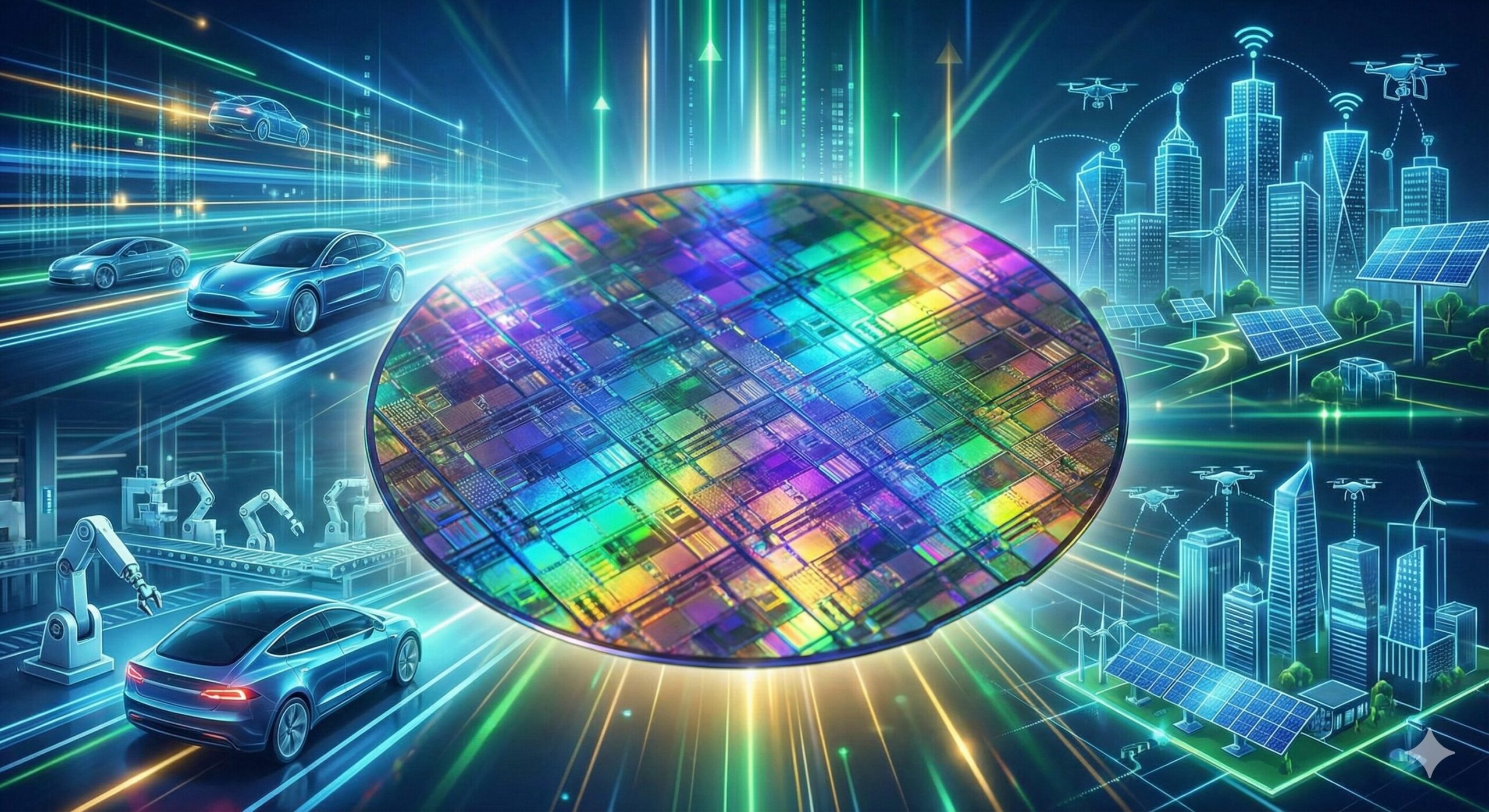 虹色の輝きを放つSiC（炭化ケイ素）ウエハのクローズアップ。背景には、EV、スマートファクトリー、スマートシティなど、SiCが支える未来のアプリケーションが光のラインで抽象的に描かれている未来的なイメージ。
