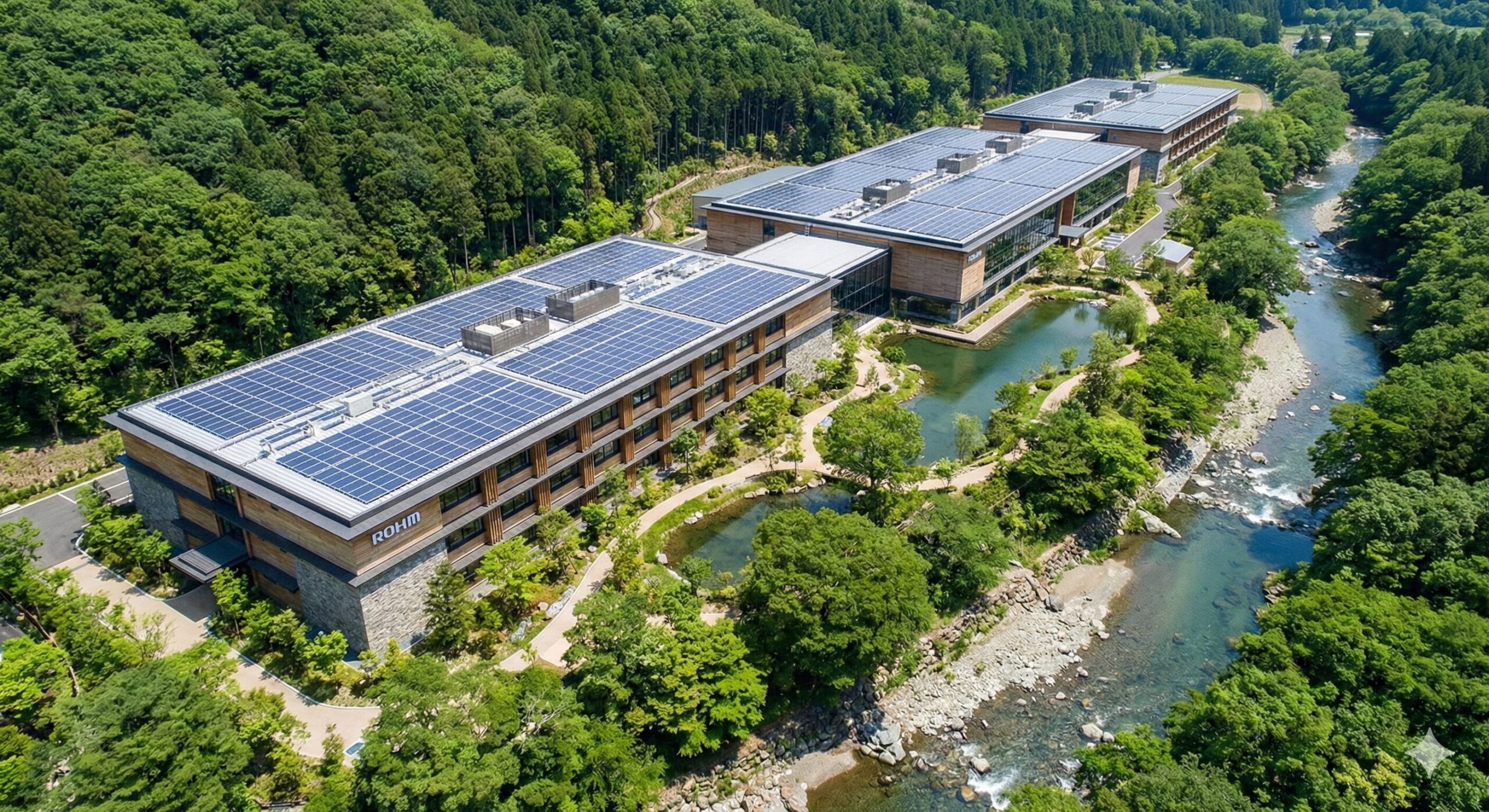 豊かな緑の森に囲まれ、清流が近くを流れる環境に建つロームの工場（または本社）の航空写真。建物が周囲の自然景観と調和し、屋上にはソーラーパネルが設置されている様子。