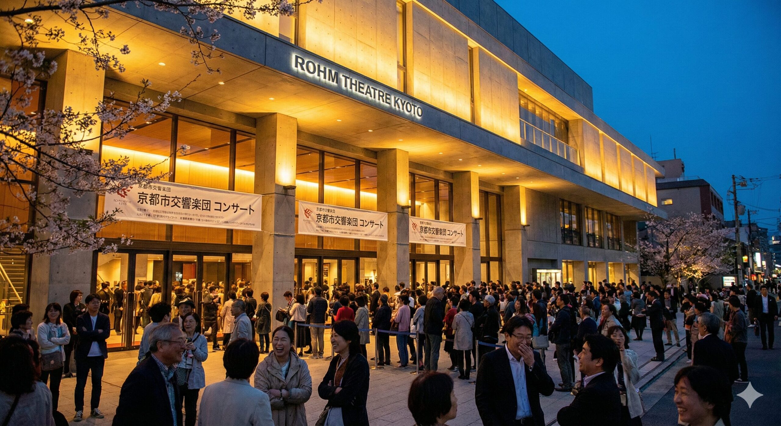 夕暮れ時に美しくライトアップされた「ロームシアター京都」の外観。コンサートやイベントを楽しみに集まった多くの人々で賑わっており、地域文化の拠点としての活気を感じさせる写真。