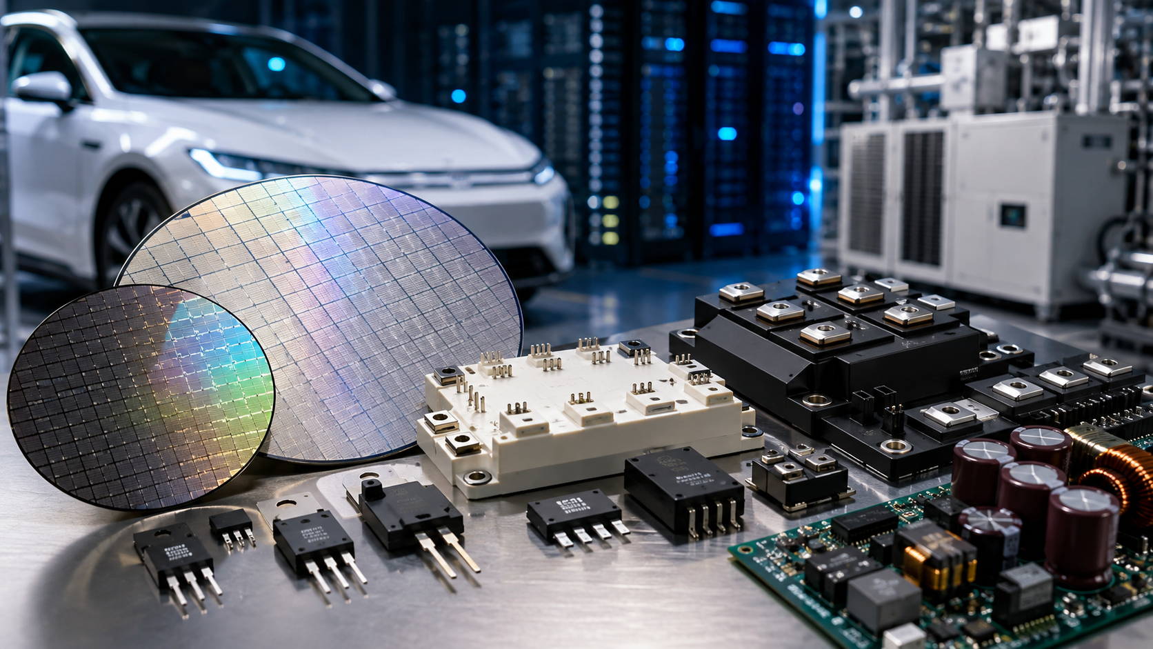 SiC・GaNパワー半導体とEV・AIデータセンターへの活用をイメージした次世代半導体技術
