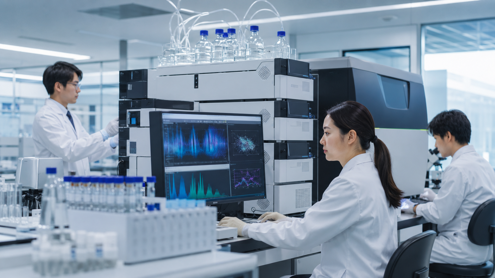 分析計測機器を使って研究開発を行う日本人研究者と先端ラボのイメージ