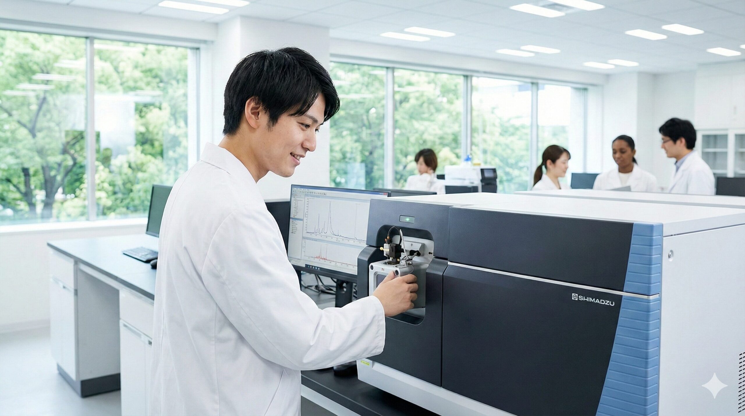 島津製作所の自由でフラットな研究環境を象徴する、最新の質量分析装置に向き合い新たな発見に挑む日本人の若手技術者