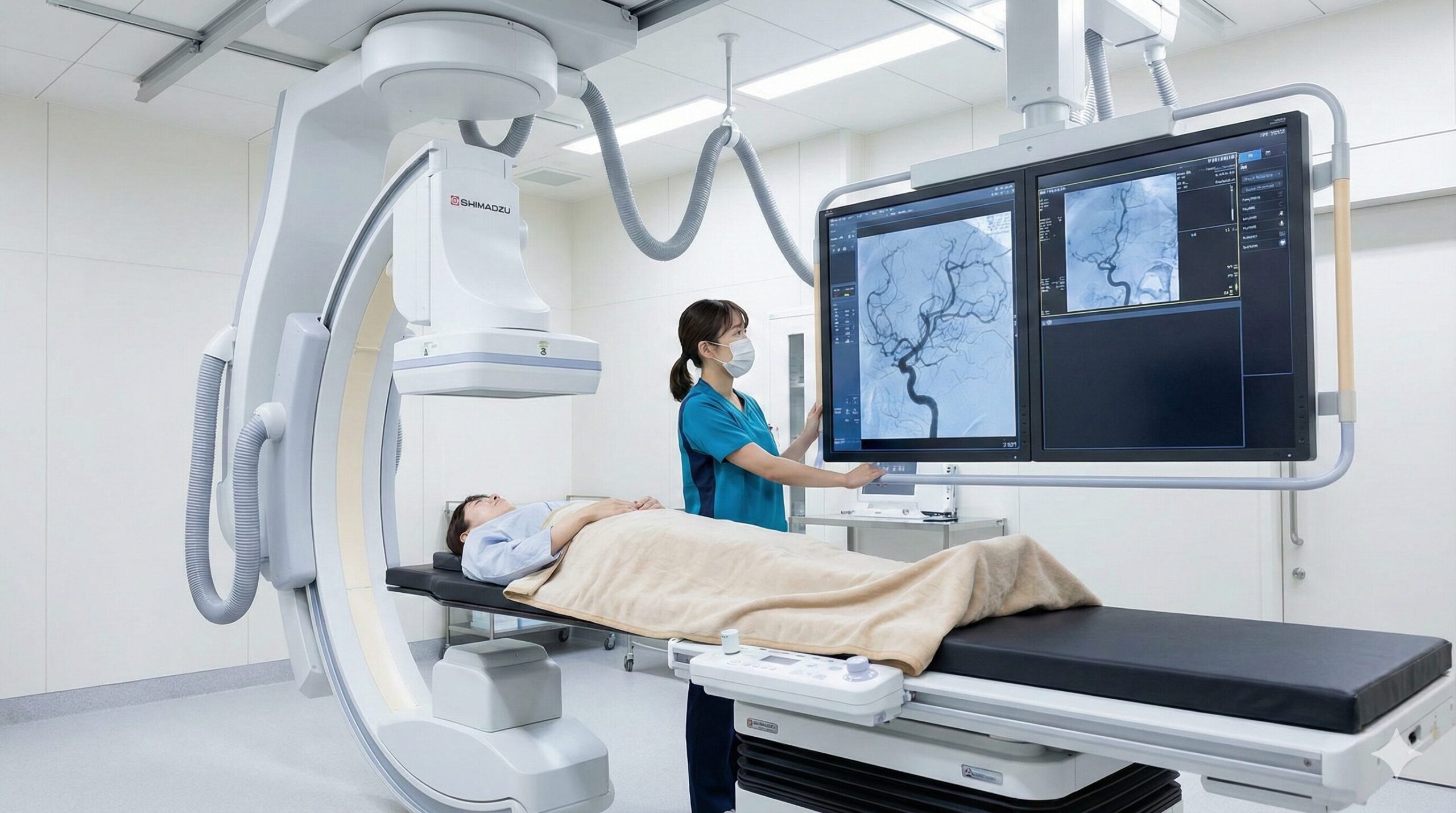 現代の高度な医療現場において、島津製作所製の高精細な画像診断装置を操作し患者をサポートする日本人の放射線技師