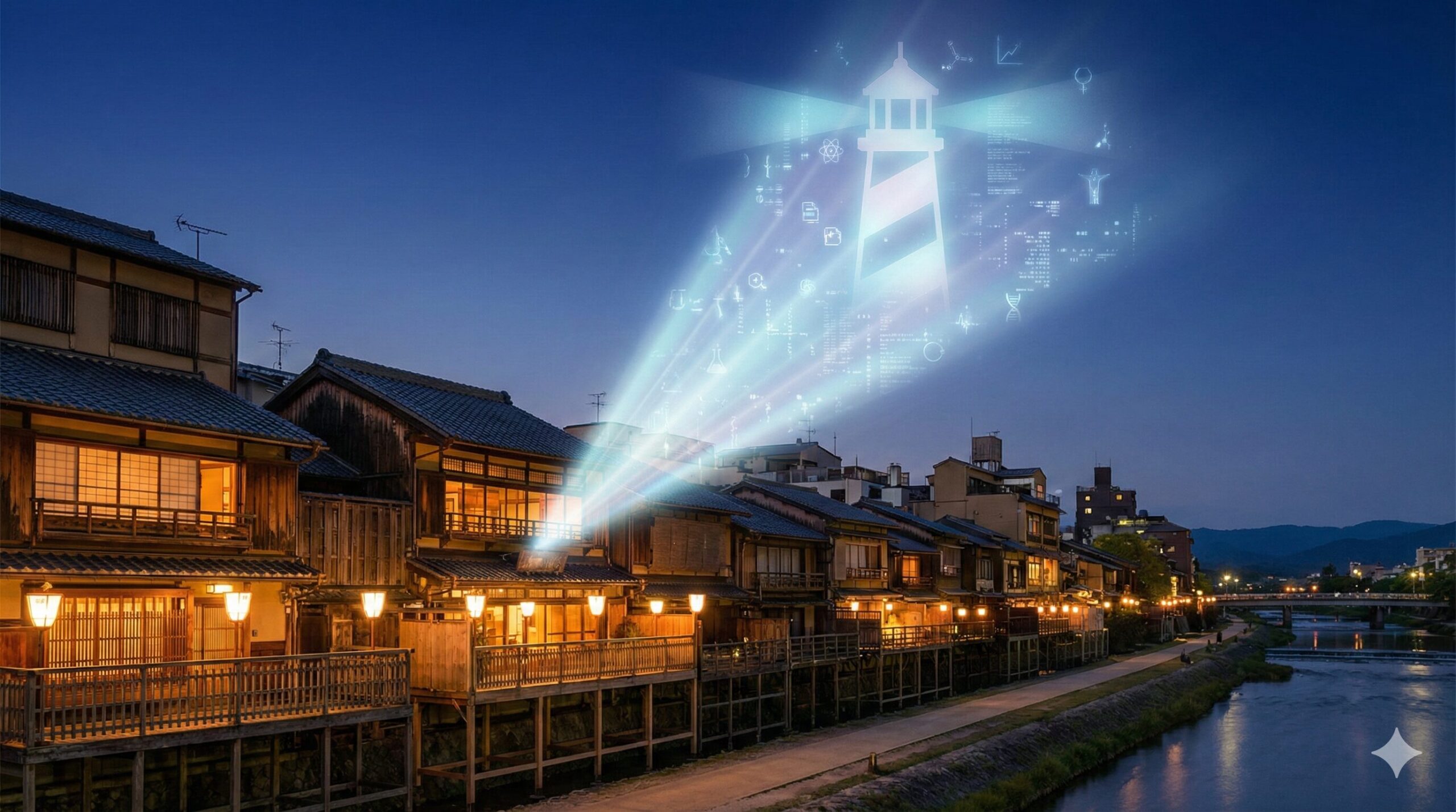 京都の伝統的な街並みから、科学データや数式を内包した未来的な光の灯台が夜空を照らす、伝統と革新が融合した象徴的な夕景