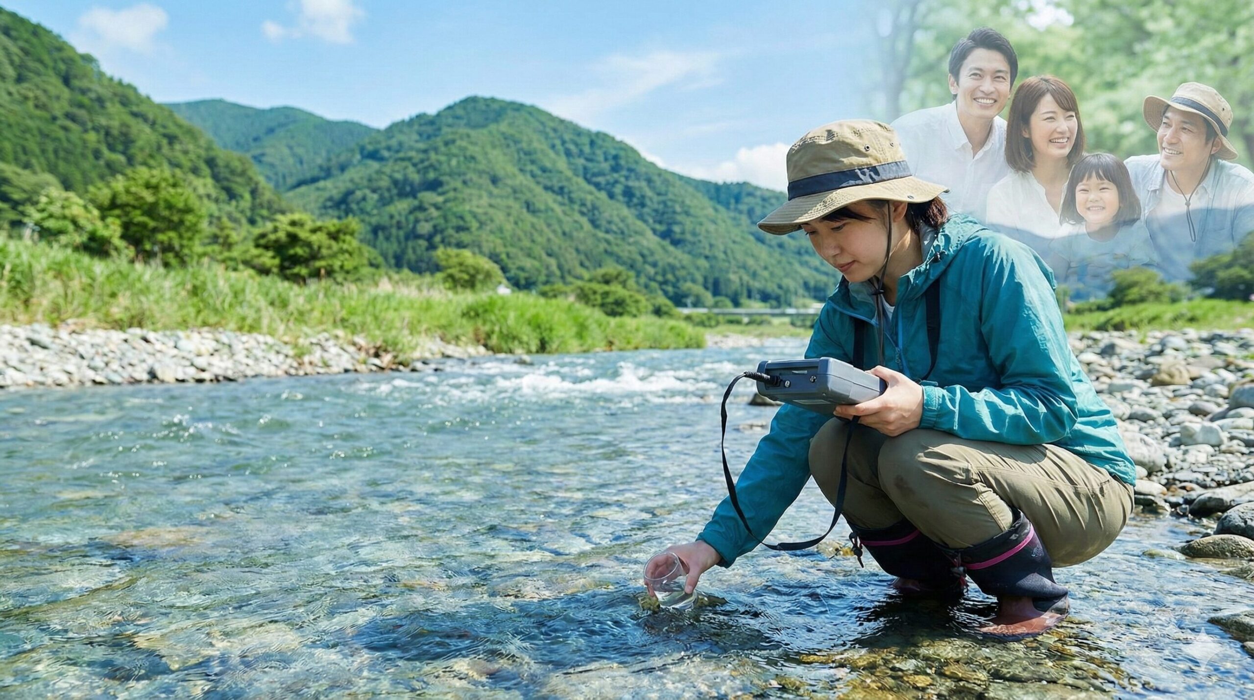 美しい日本の自然環境で水質調査を行う科学者と、その背景に幸せそうな家族の姿が重なる、地球と人の健康(プラネタリーヘルス)を守る未来のイメージ