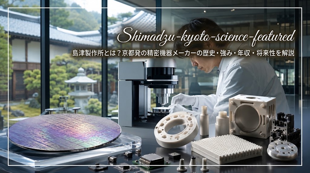 京都の研究施設で精密分析機器を操作する日本人研究者を描いた島津製作所のイメージ