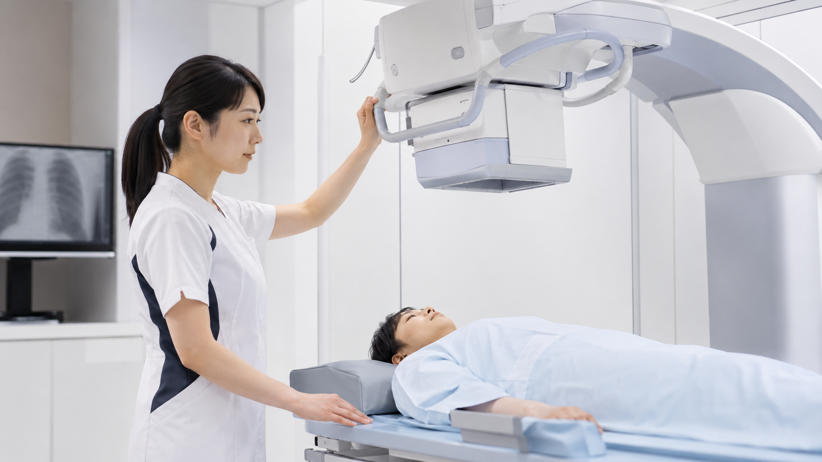医療画像診断装置を操作する日本人診療放射線技師とX線検査のイメージ