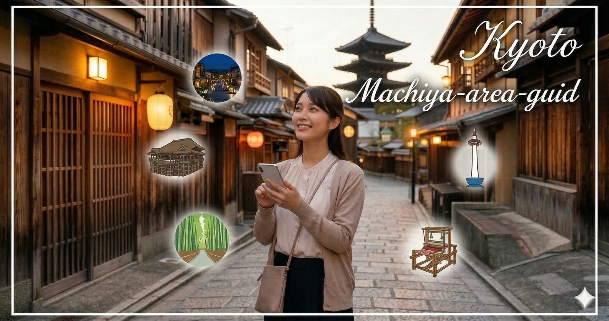 夕暮れ時の京都の伝統的な町家が並ぶ石畳の通り（東山エリア、遠くに八坂の塔が見える）に立ち、楽しそうにスマートフォンを見ながらどのエリアの町家に泊まるか思案する日本人の若い女性旅行者。16: