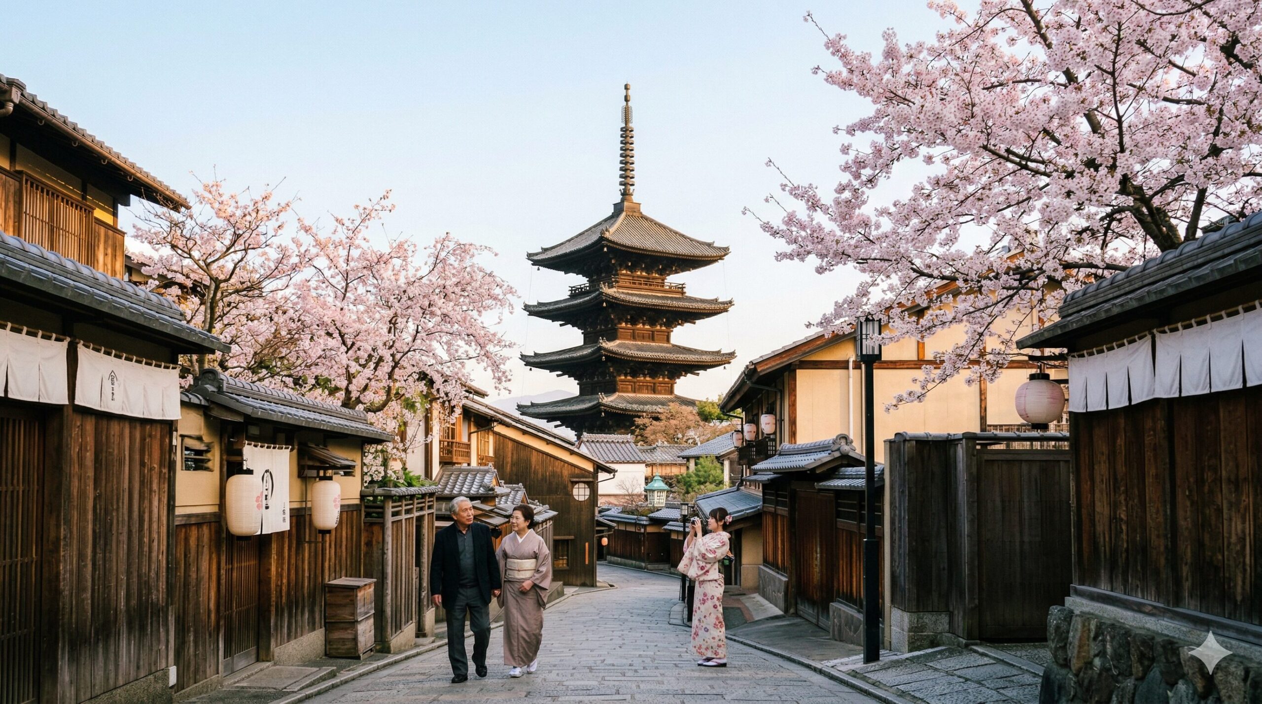 京都の春の象徴である満開の桜と伝統的な五重塔を背景に、静かに散策を楽しむ日本人観光客の様子を捉えた、情緒あふれる風景写真。
