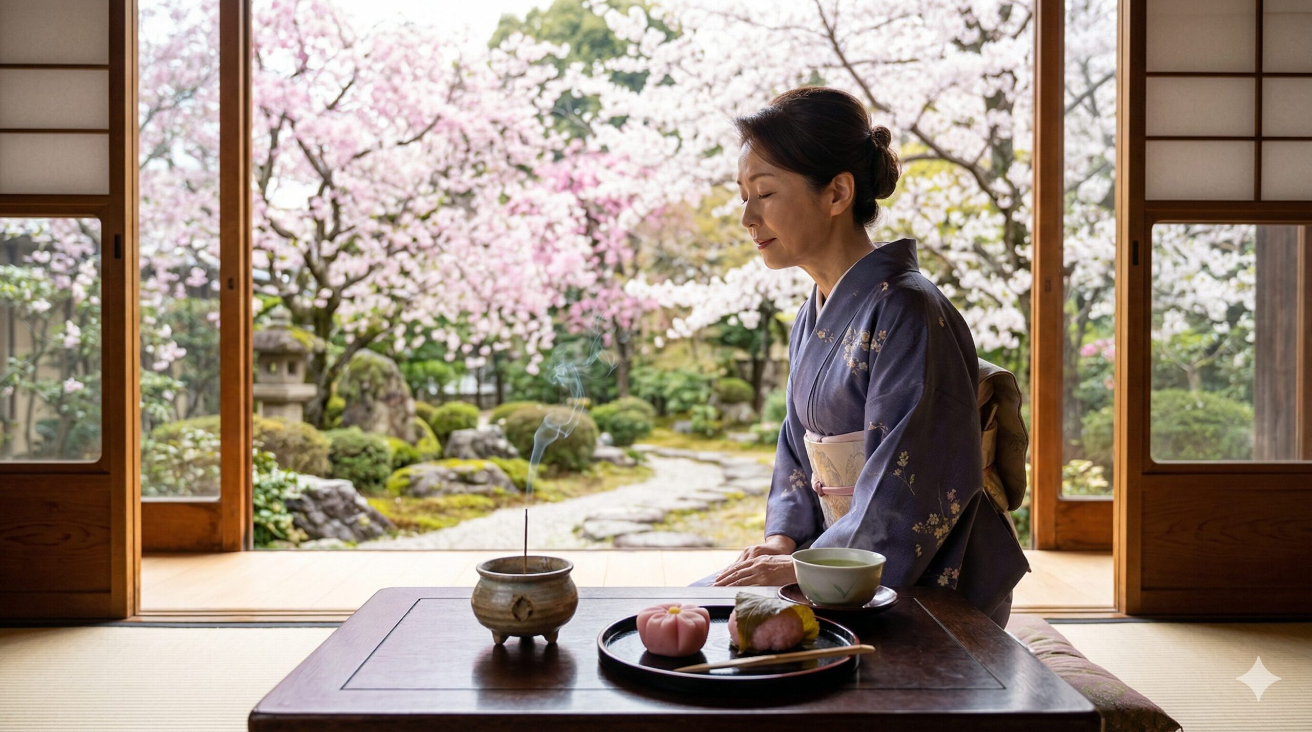 京都の庭園を望む和室で、桜香るお香と春の和菓子、抹茶を五感で楽しむ、洗練された日本人女性の様子を捉えた情緒的な写真。