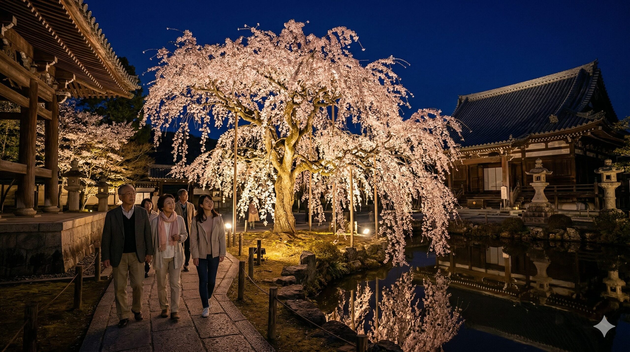 夜の京都の寺院庭園で、美しくライトアップされたしだれ桜が池に映り込み、幻想的な空間を創り出す。静かに見入る日本人観光客の姿もあり、荘減で洗練された夜の美しさを捉えた写真。