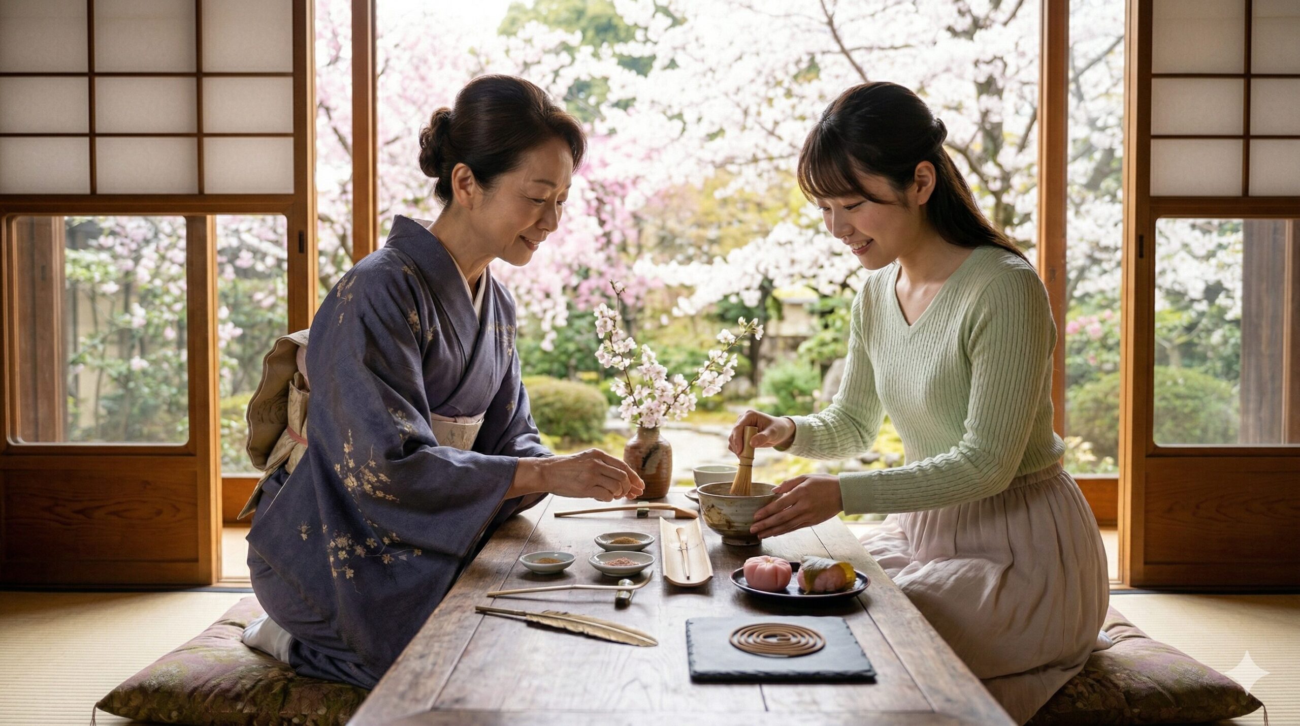 京都の伝統的な工房で、日本人女性の講師から、桜などの季節の天然香料を使ったお香づくりを熱心に学ぶ日本人女性観光客の様子。洗練された文化体験を伝える情緒的な写真。
