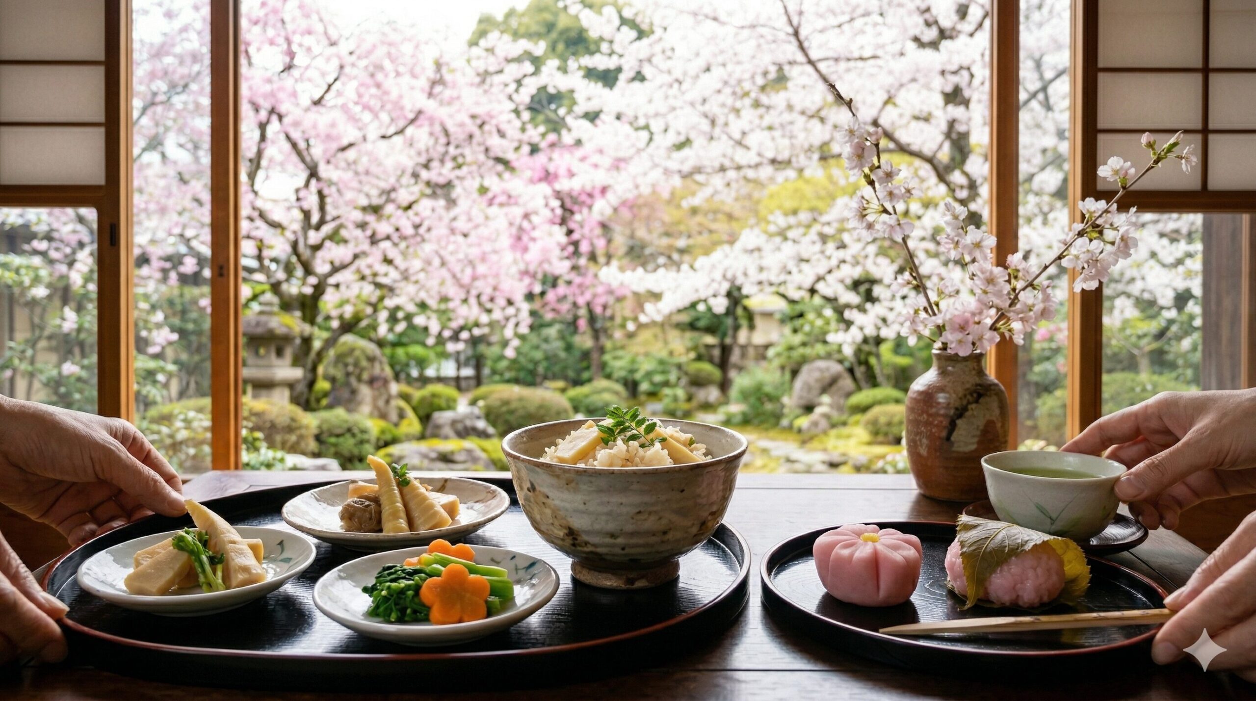 京都の老舗料亭で提供される、朝採れ京たけのこのご飯や若竹煮、桜餡の和菓子など、春の味覚を美しく盛り付けた、洗練された料理写真。