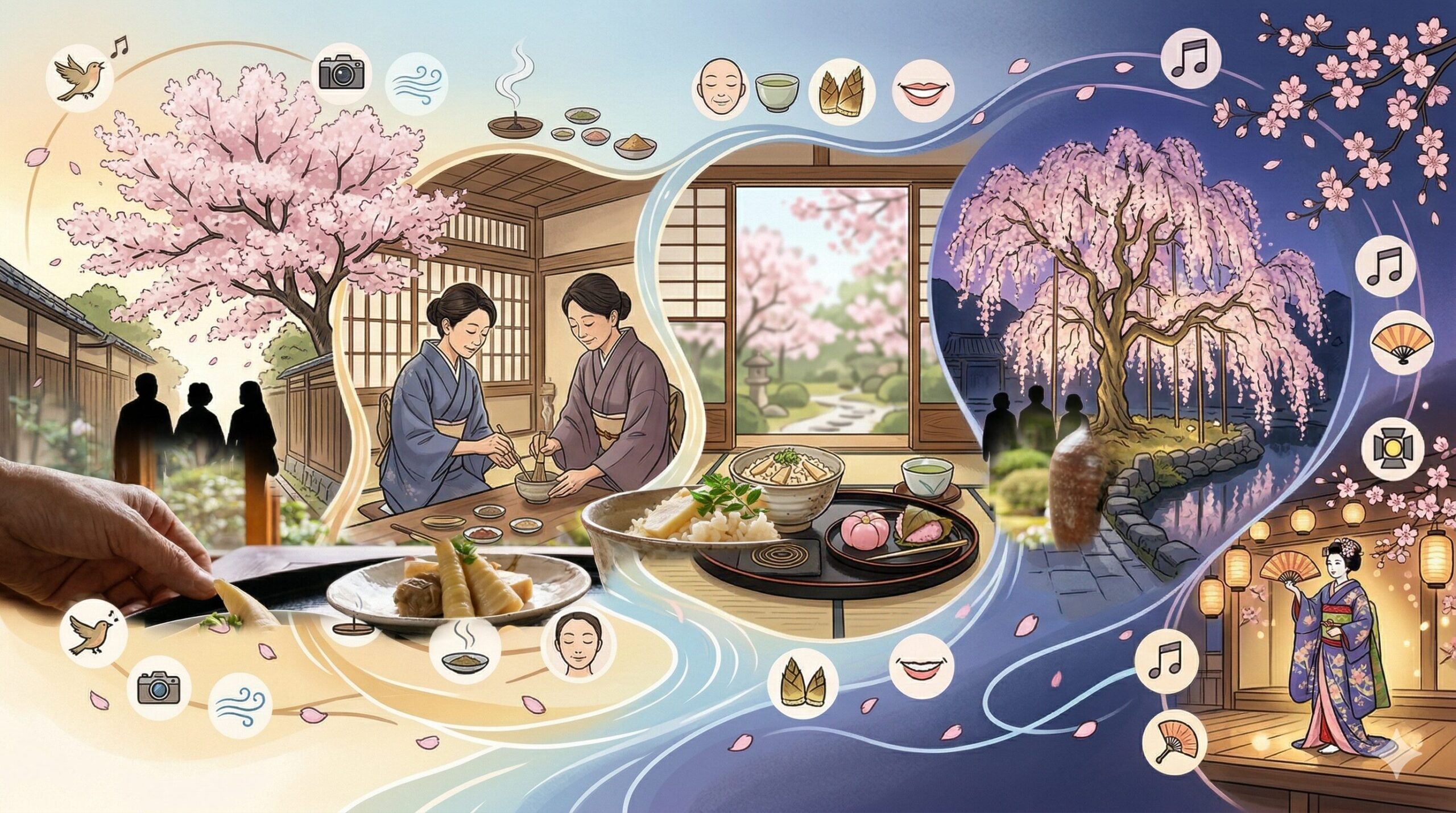 早朝の哲学の道での散策、昼のお香体験、夜の東山エリアでのライトアップと、五感で楽しむ京都の春の理想的なモデルコースを、時間経過とともに紹介する情緒的なイラスト。