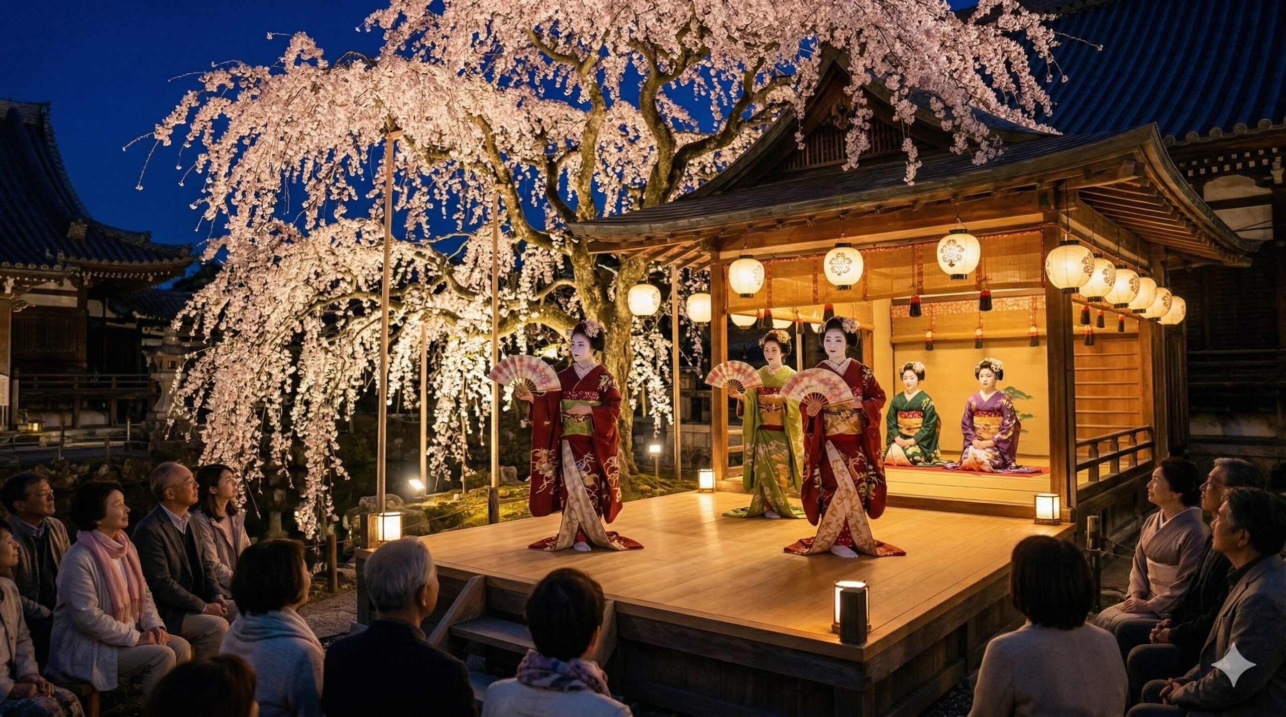 春の京都の夜、荘厳な寺院の境内や歴史ある劇場で、ライトアップされた桜を背景に上演される、華やかな舞妓の舞。観客も魅了される、京都の伝統文化と桜の競演を捉えた情緒的な写真。