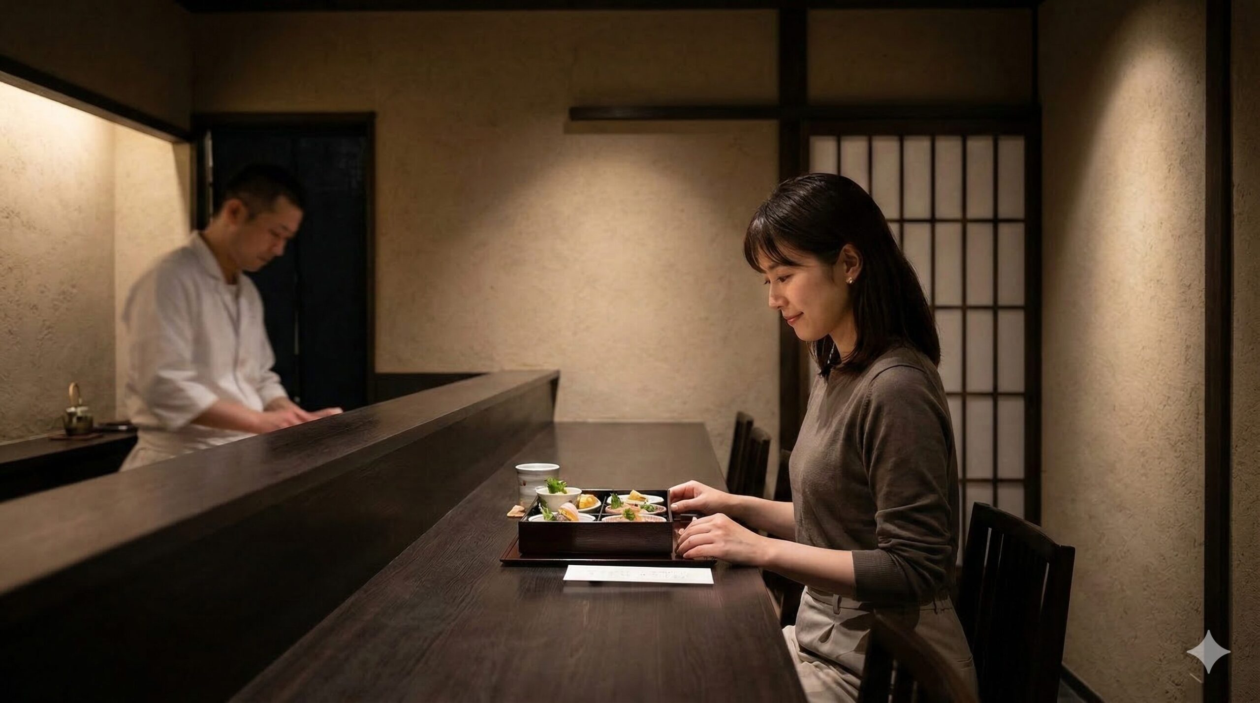 京都祇園の路地裏にある隠れ家的な小料理店で、美しく盛り付けられた季節の小鉢ランチを楽しむ日本人女性。