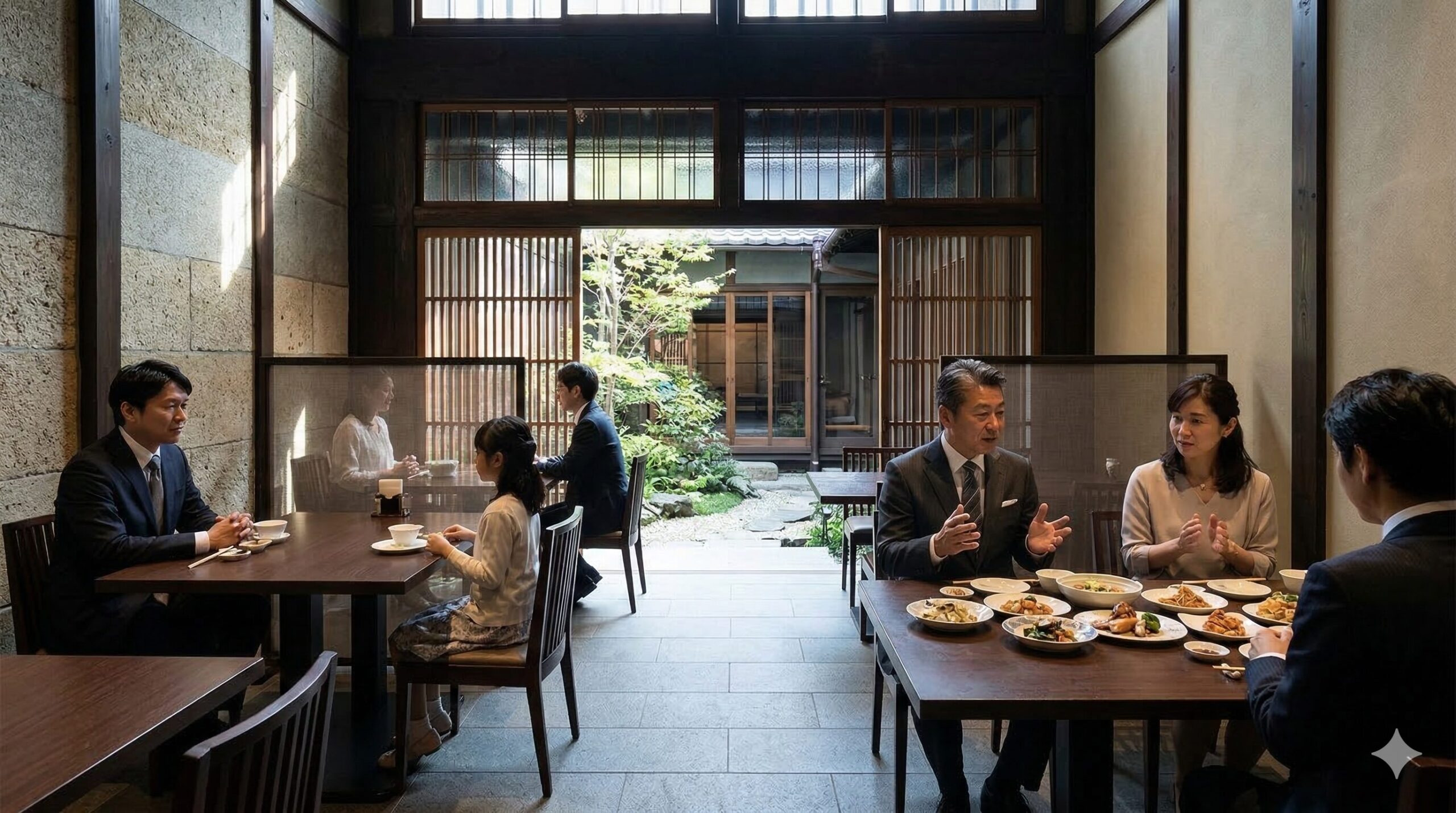 京都烏丸御池にある旧呉服店を改装した歴史ある建物で、庭を眺めながら上品な北京料理を楽しむビジネスパーソンや家族連れ。