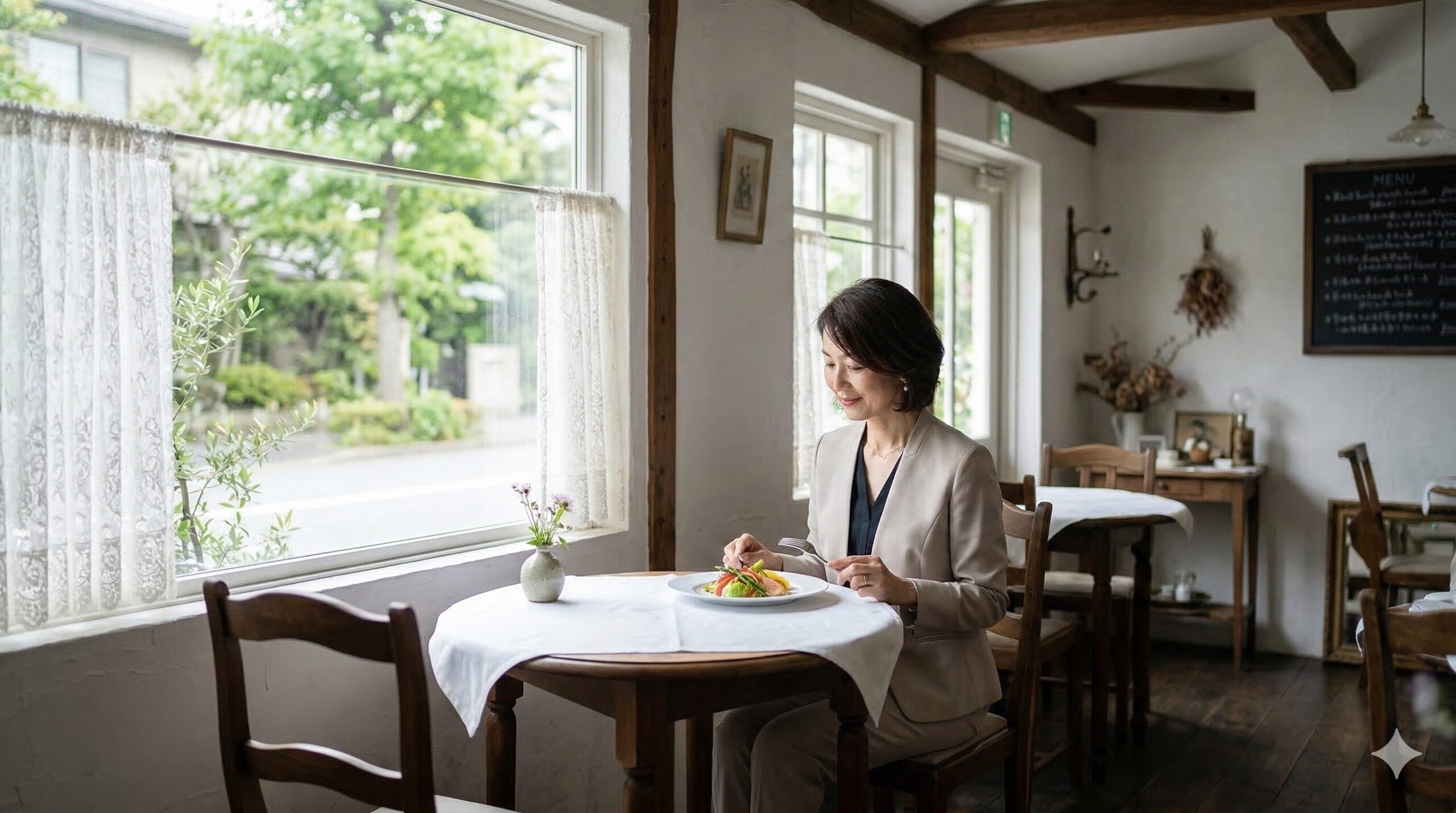 京都北山の閑静な住宅街にあるおしゃれなフレンチビストロで、窓の外の緑を眺めながら京野菜フレンチを楽しむ日本人女性。