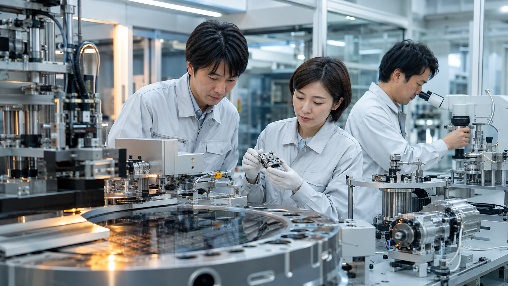 京都のBtoB企業で精密部品と製造設備を確認する日本人技術者