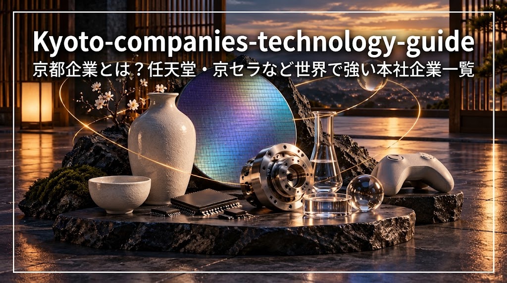 京都の伝統文化と半導体・電子部品・精密技術を表現した京都企業のイメージ