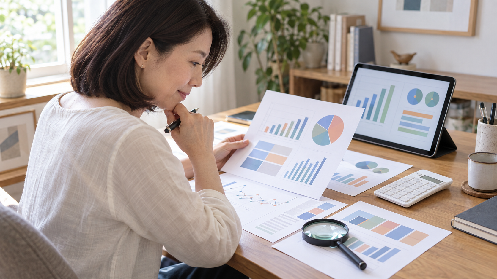 京都企業のIR資料で業績や投資指標を確認する日本人女性