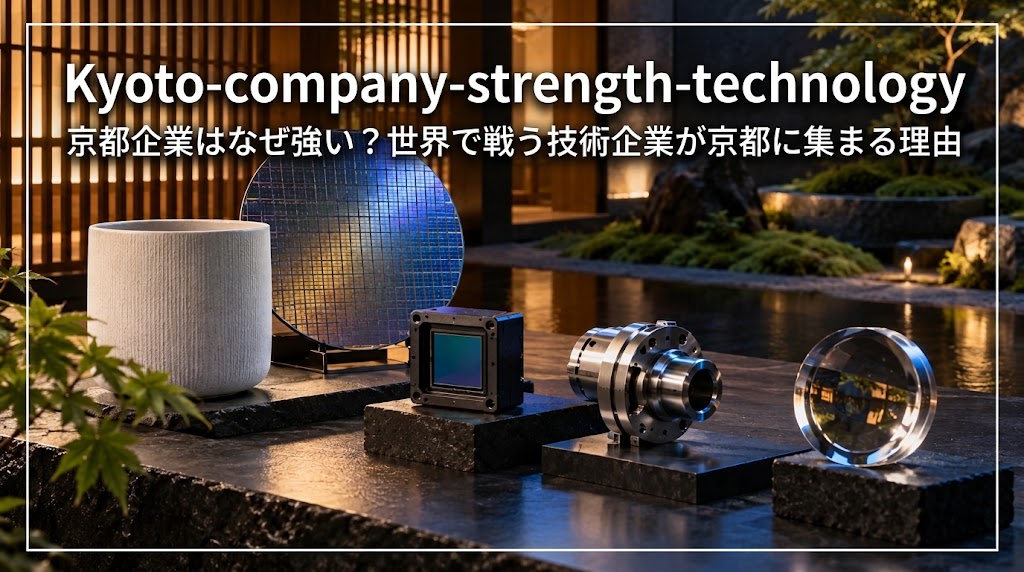 京都の伝統空間に並ぶ半導体ウエハーと精密部品