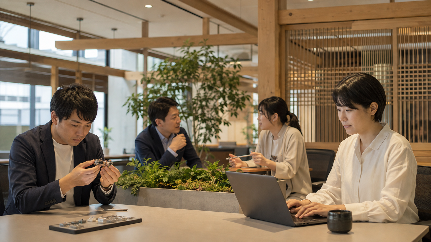 京都企業の現代的なオフィスで働く日本人社員と多様な職種