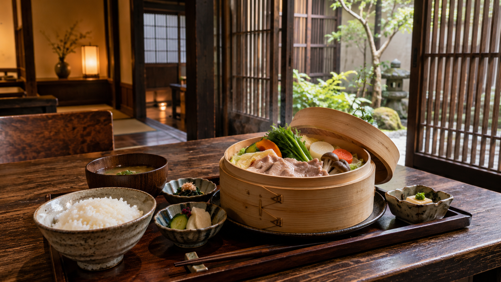 京都祇園の町家で楽しむ季節野菜と豚肉のせいろランチ