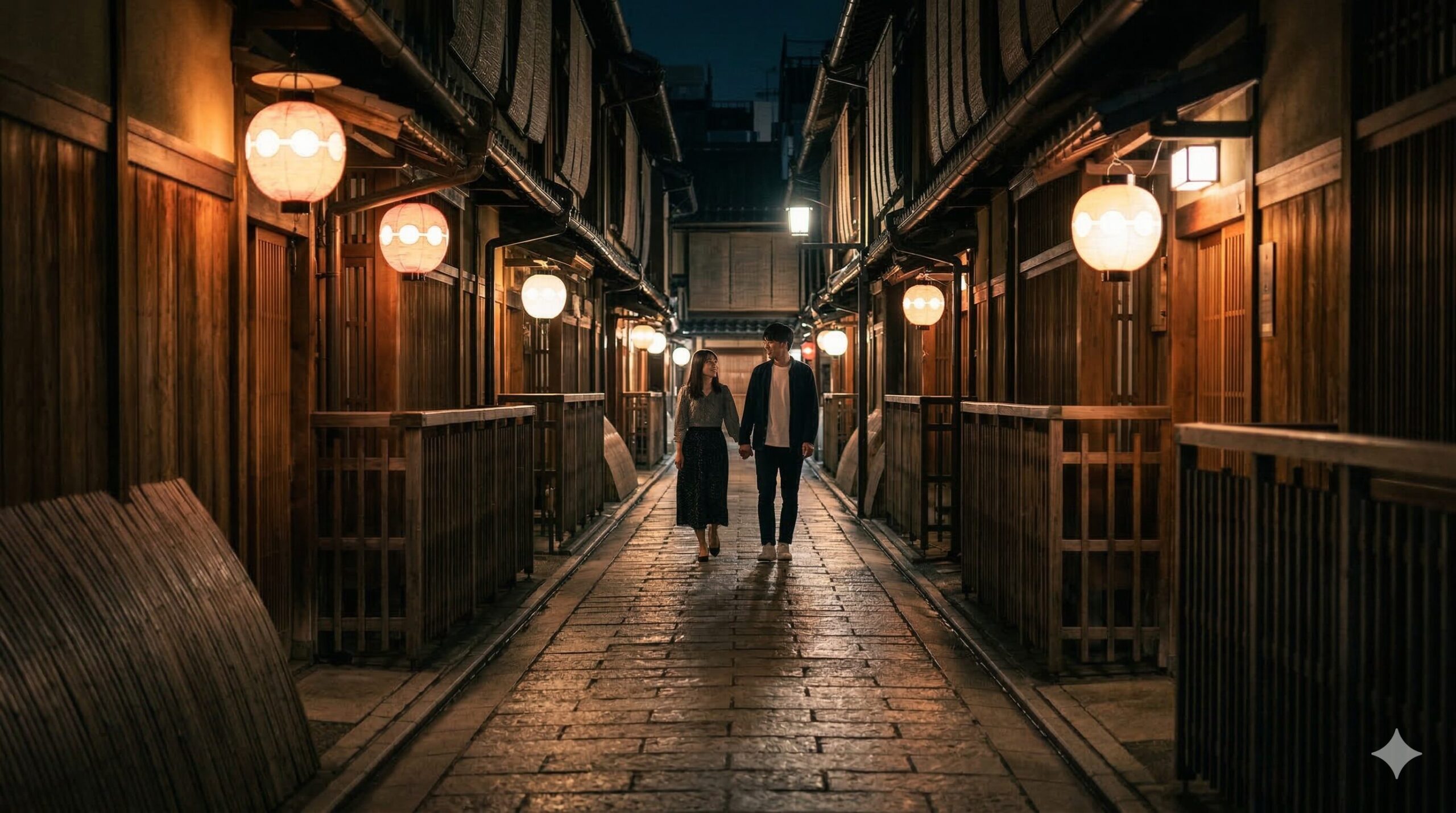 京都・祇園の伝統的な町家が並ぶ夜の石畳の小路を、提灯の暖かな光に照らされながら歩く日本人カップル。16:9。