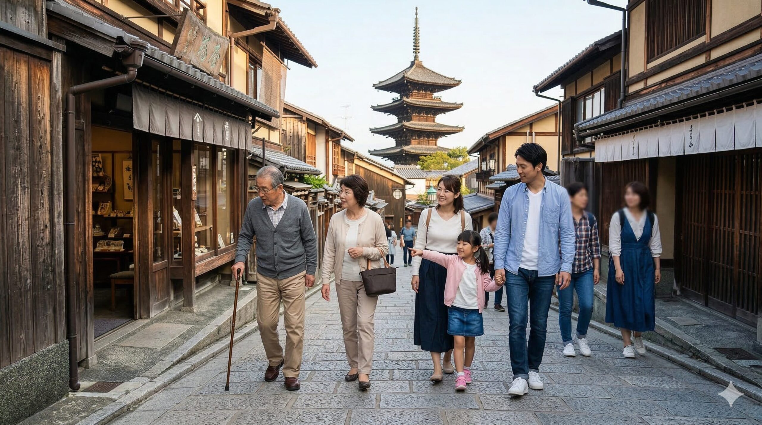 京都・東山の二年坂を下る日本人家族（祖父母、父母、子供）。石畳の坂道の先に清水寺の三重塔が見え、伝統的な町家が並ぶ。16:9。