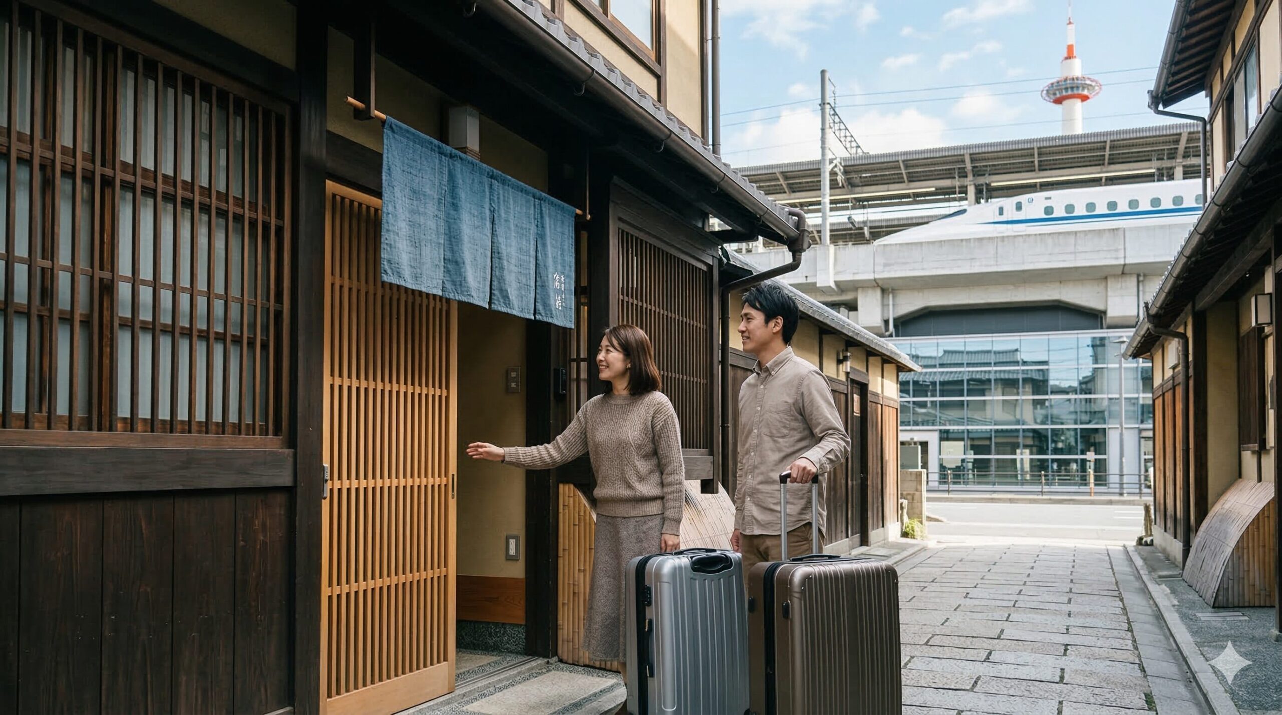 京都駅の現代的な高架を背景に、大きなスーツケースを持った日本人カップルが、駅近くの改装された町家宿の格子戸を開けて入ろうとしている。16:9