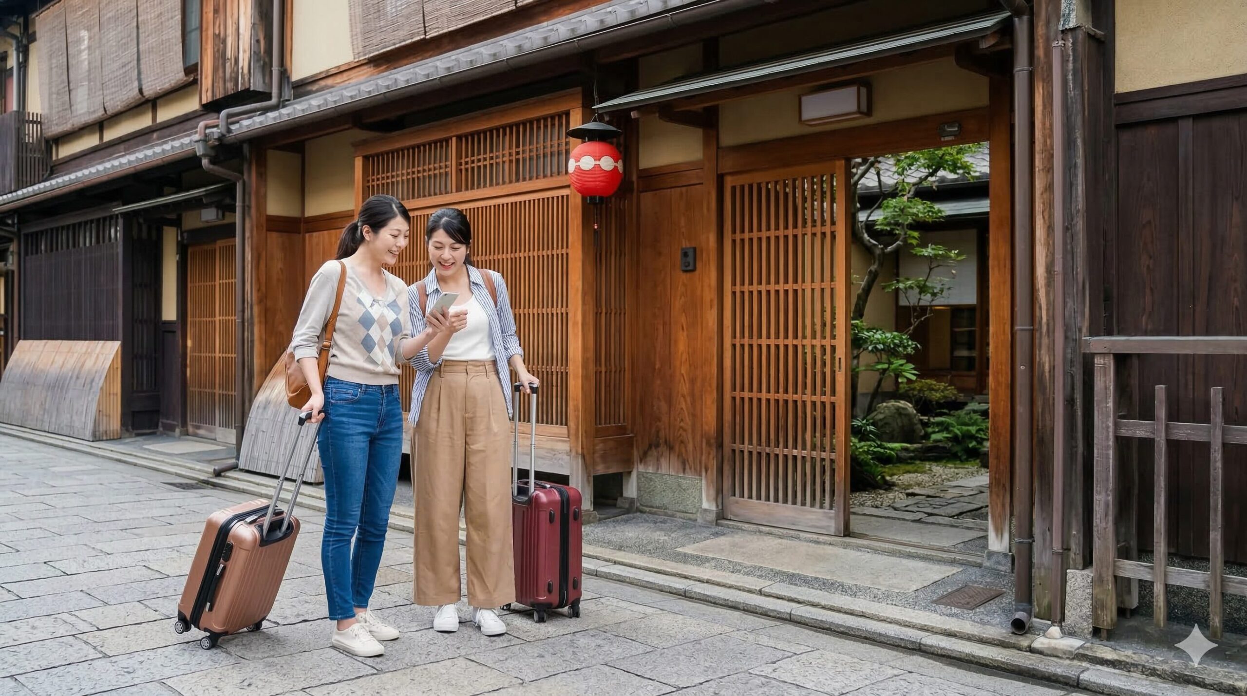 京都の伝統的な町家の格子戸の前で、旅行カバンを持った日本人女性2人がスマートフォンの地図を見ながら、どのエリアの町家に泊まるかを楽しそうに相談している。