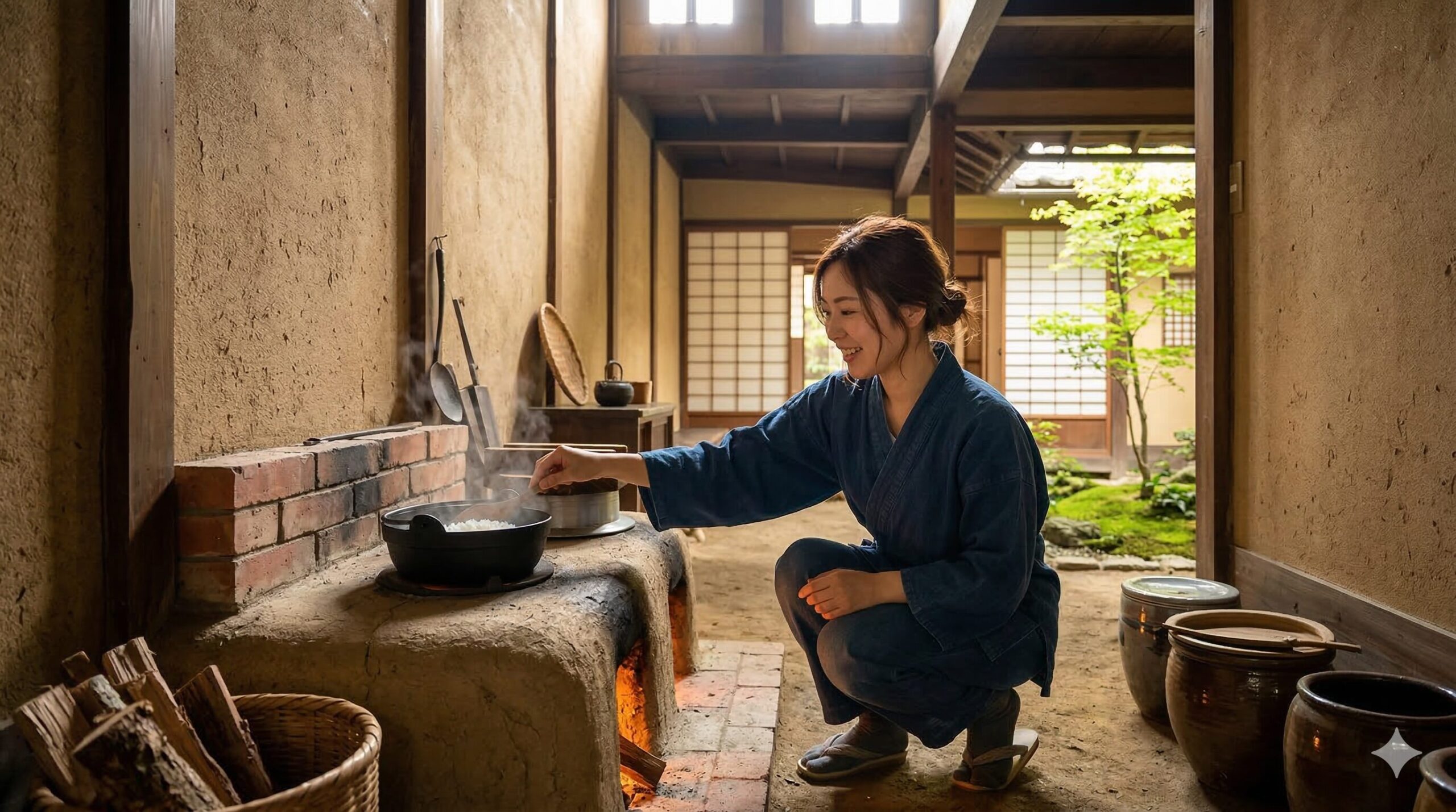 京都の伝統的な西陣・二条エリアにある本格的な京町家の通り庭で、伝統的なおくどさんでご飯を炊く体験を楽しむ日本人女性。高い天井と土壁が特徴的な温かみのある本格町家空間。16:9。