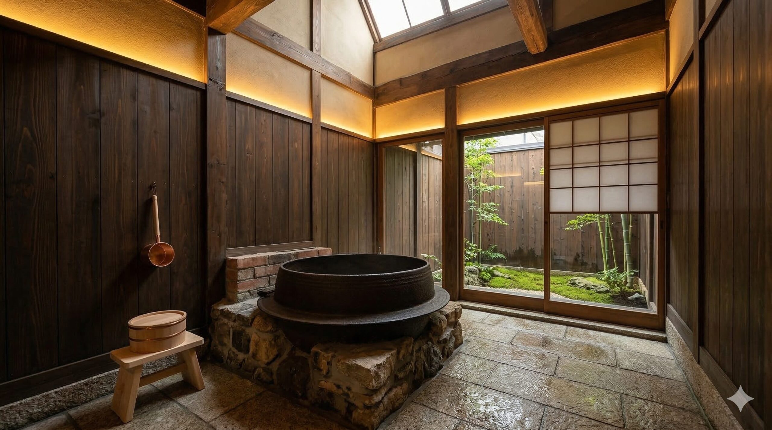 京都の西陣にある改装された町家の客室。伝統的な鉄製の五右衛門風呂と、それを囲む石と木の温かみのあるインテリア。