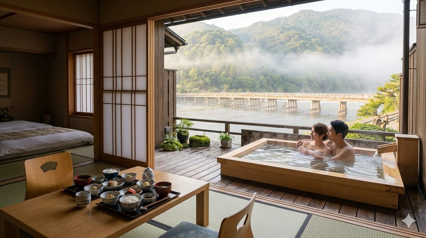 嵐山の高級旅館の客室で、朝の霧に包まれた保津川と渡月橋を見下ろす、専用の木製露天風呂付きのプライベートな空間。日本人カップルが穏やかに景色を眺めている。16:9。