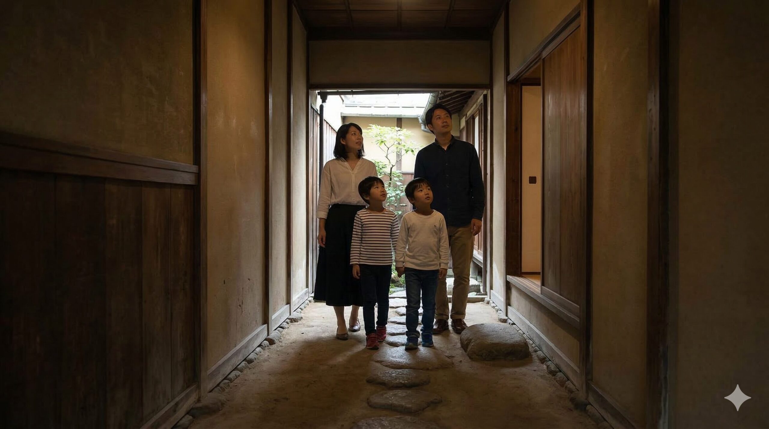 京都の町家で、格子戸から奥へ続く薄暗い土間（通り庭）と、その先に見える光が差し込む小さな坪庭を歩く日本人の家族。