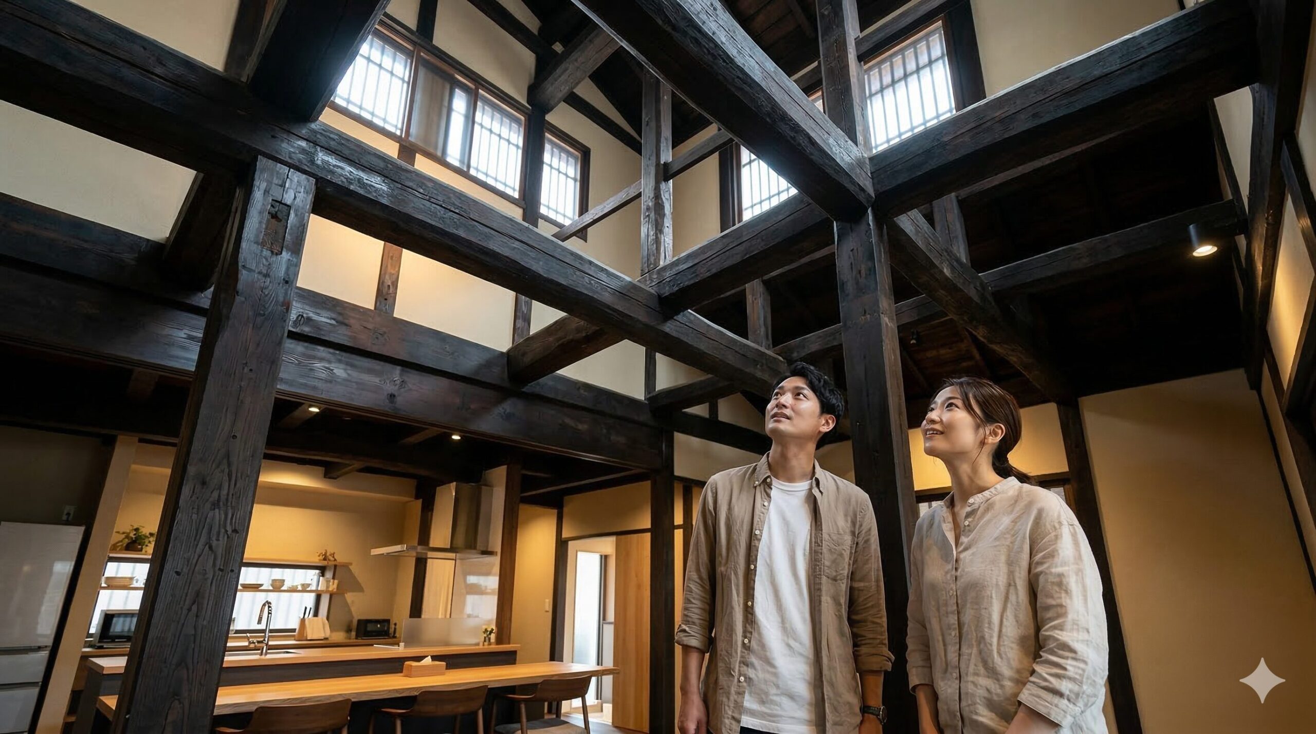 京都の町家の、煤で黒くなった巨大な木の梁が立体的に組まれた吹き抜け空間（火袋）と、高窓から差し込む光。