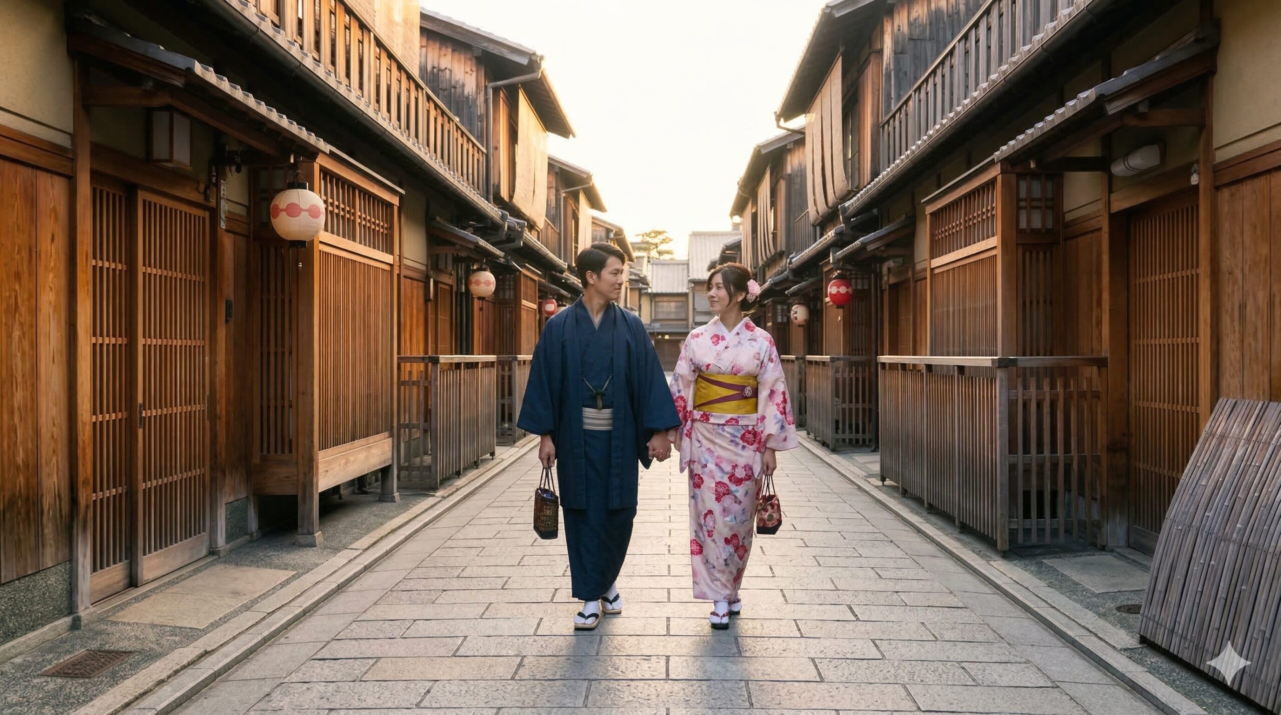 朝の京都、祇園清水エリアの、提灯が下がる静かで誰もいない石畳の路地を歩く着物姿の日本人のカップル