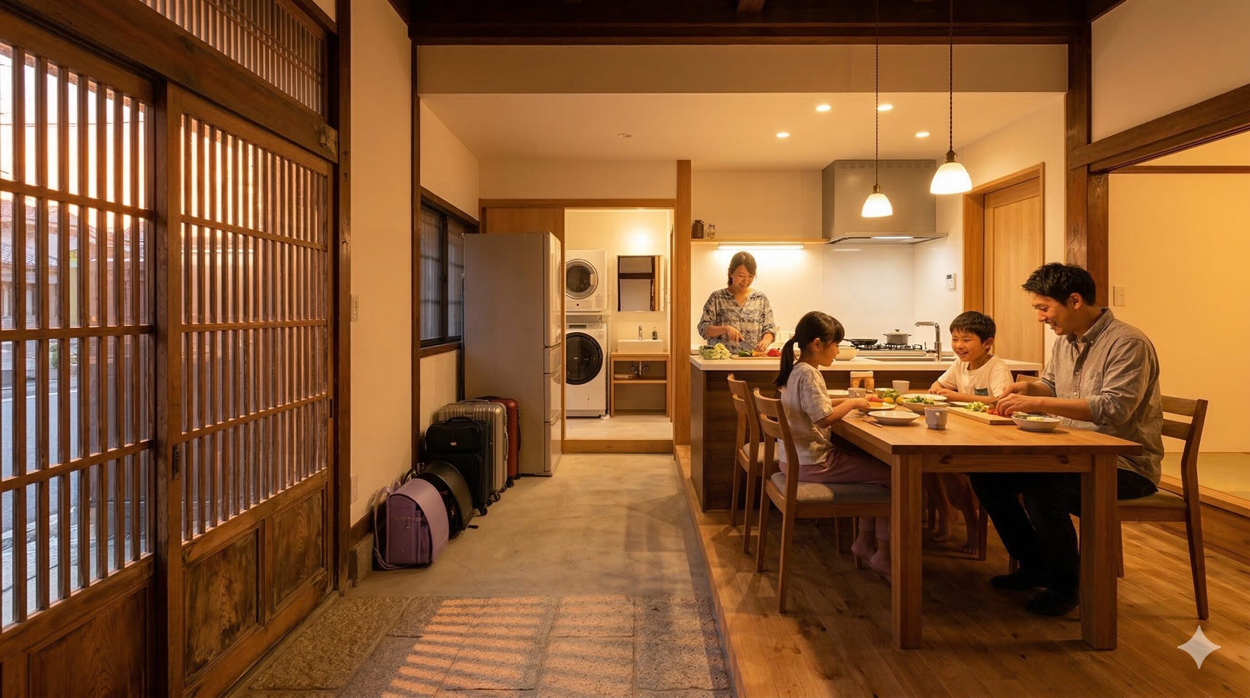 京都駅近くにある再生町家の一棟貸し宿の、広めの土間を兼ねたリビングスペース。日本人の家族（両親と小学生くらいの子供2人）が、楽しそうに夕食の準備をしている。母親がキッチン（IHコンロ、冷蔵庫）で調理し、父親と子供たちがテーブルを囲んで手伝っている。奥には最新の洗濯乾燥機が置かれた洗面スペースが見える。荷物は壁際に置かれているが、整理されており、暮らすような快適さが伝わる。暖色系の間接照明と、格子戸から差し込む夕暮れの光