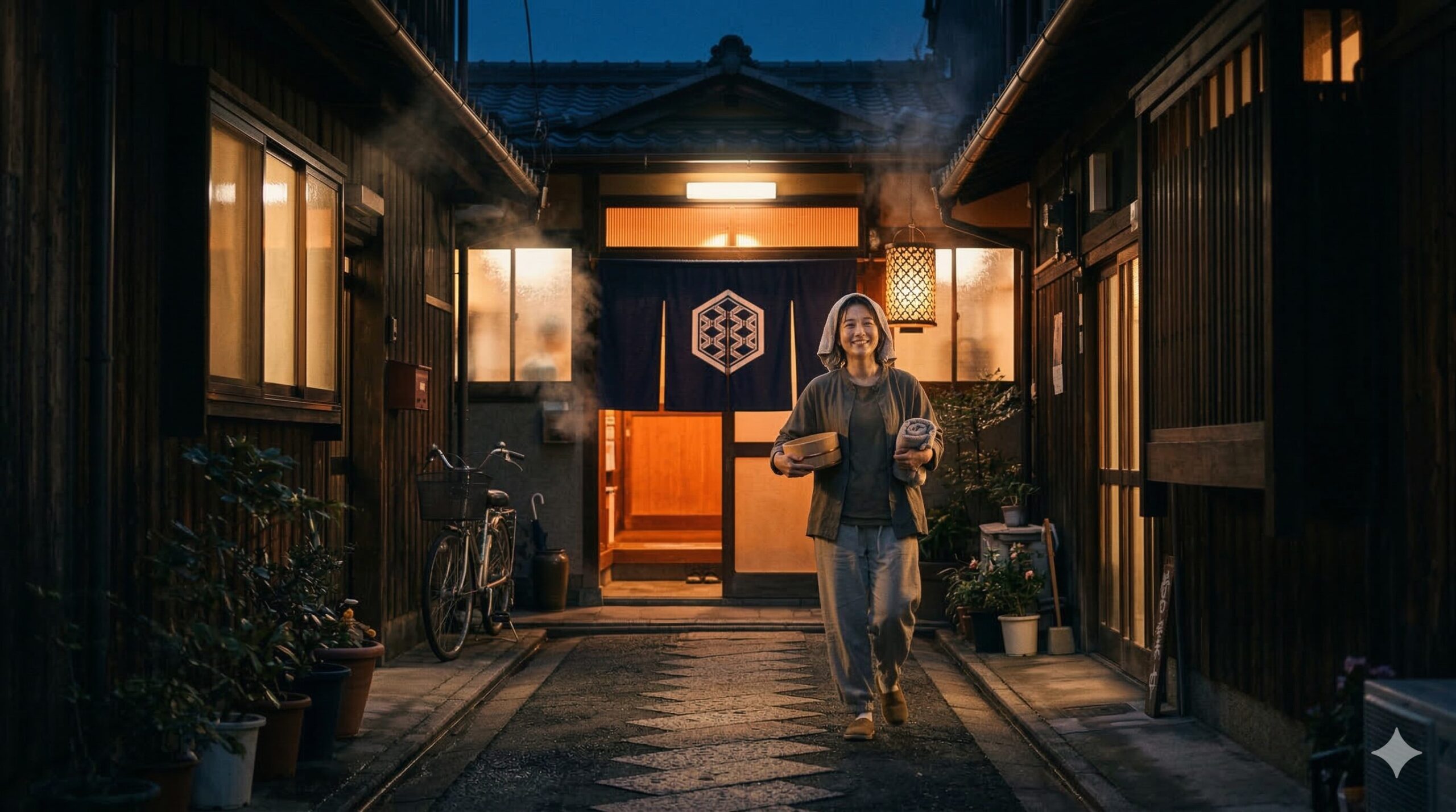 京都の西陣エリアの、夜の静かな路地裏。日本人の女性（20代後半、カジュアルな服装に、濡れた髪を軽くタオルで巻いている）が、小さな風呂桶とタオルを手に、笑顔で歩いている。彼女の視線の先には、暖簾（テキストなし、家紋のような柄のみ）がかかった、レトロな銭湯の入り口がある。銭湯の窓からは暖かそうな湯気が立ち上り、暖色系の光が漏れている。周囲の古い町家からは、静かな生活の気配が感じられる
