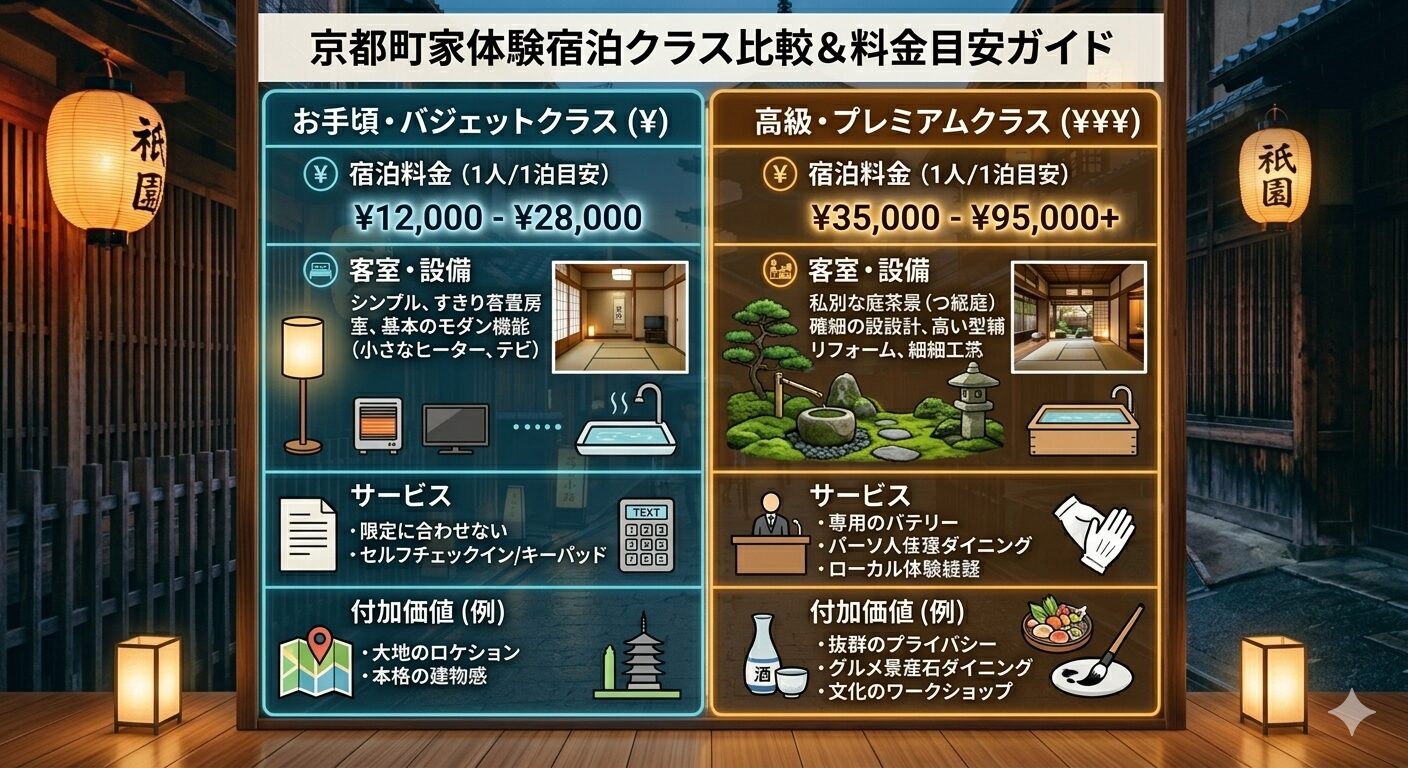 「京都町家体験宿泊クラス比較＆料金目安ガイド」と題された比較インフォグラフィック。左側には「お手頃・バジェットクラス（約1.2万〜2.8万円）」、右側には「高級・プレミアムクラス（約3.5万〜9.5万円以上）」の料金目安を提示。設備（ユニットバス対檜風呂、シンプルな客室対庭園付き客室）、サービス（セルフチェックイン対バトラーサービス）などの違いをアイコンとリストで分かりやすく対比させている。背景は夜の京都の街並み。
