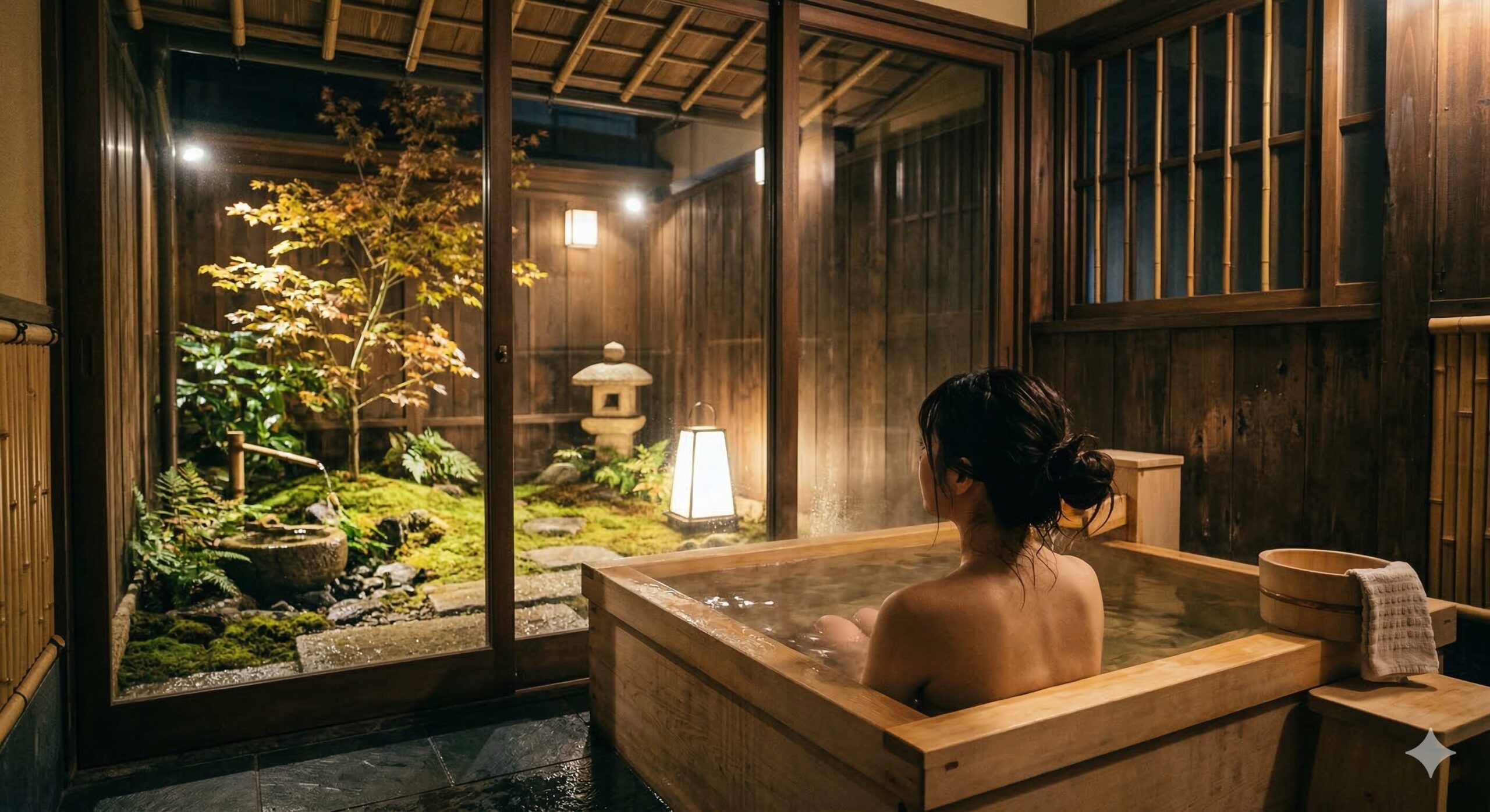京都の町家の、ライトアップされた坪庭に面した浴室で、行灯の光に照らされた庭を眺めながら湯船に浸かる日本人の女性の後ろ姿。