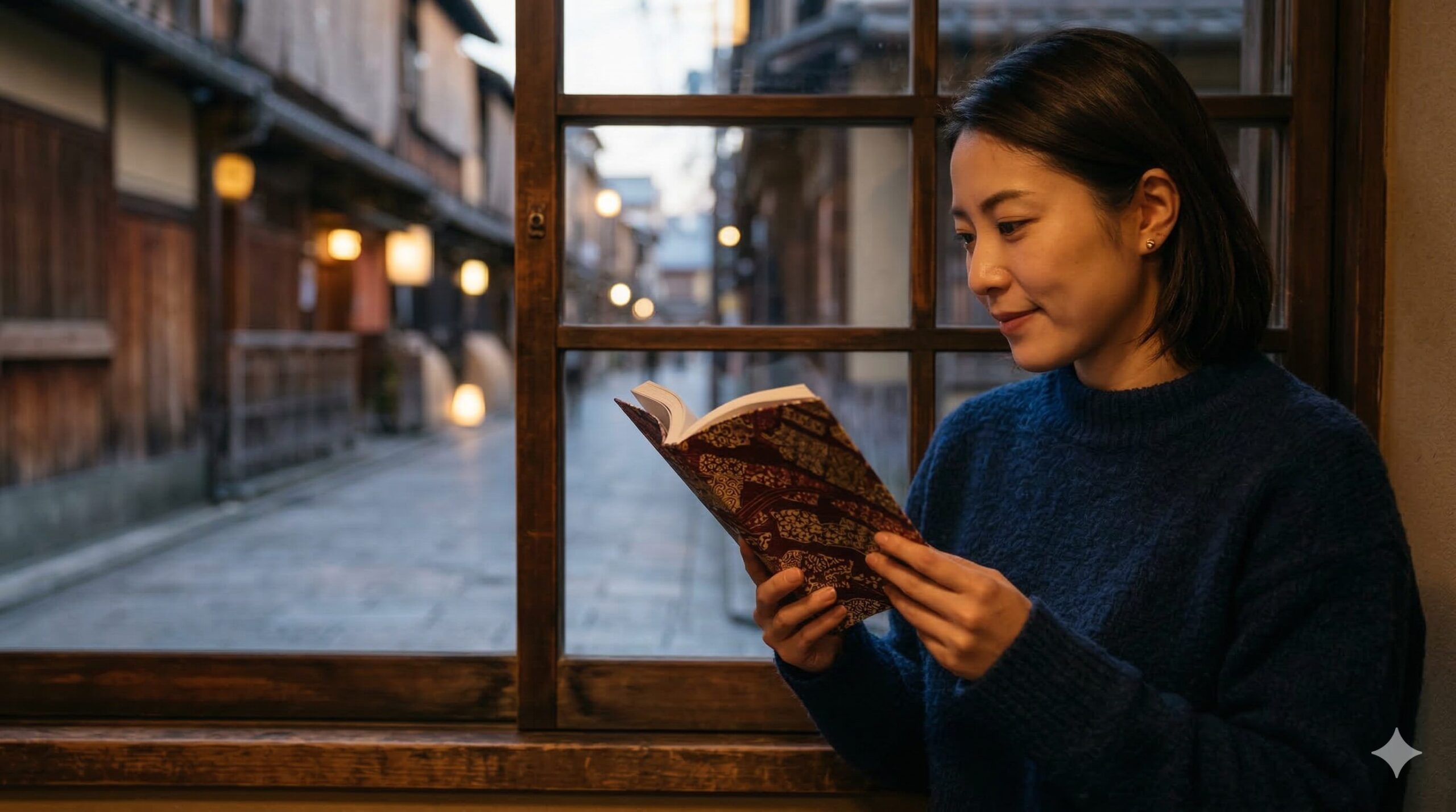 京都の歴史ある喫茶店の窓際で、和柄のブックカバーがかかったミステリー小説を読みふける日本人女性の横顔。外は夕暮れの町並みが広がる。
