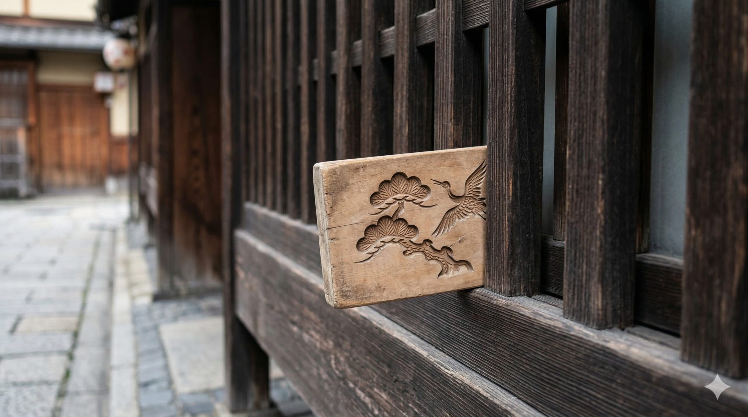 京町家の格子戸の隙間に置かれた、古びたが美しい和菓子の木型。日常の風景に潜む小さな違和感と物語性を象徴する情景。