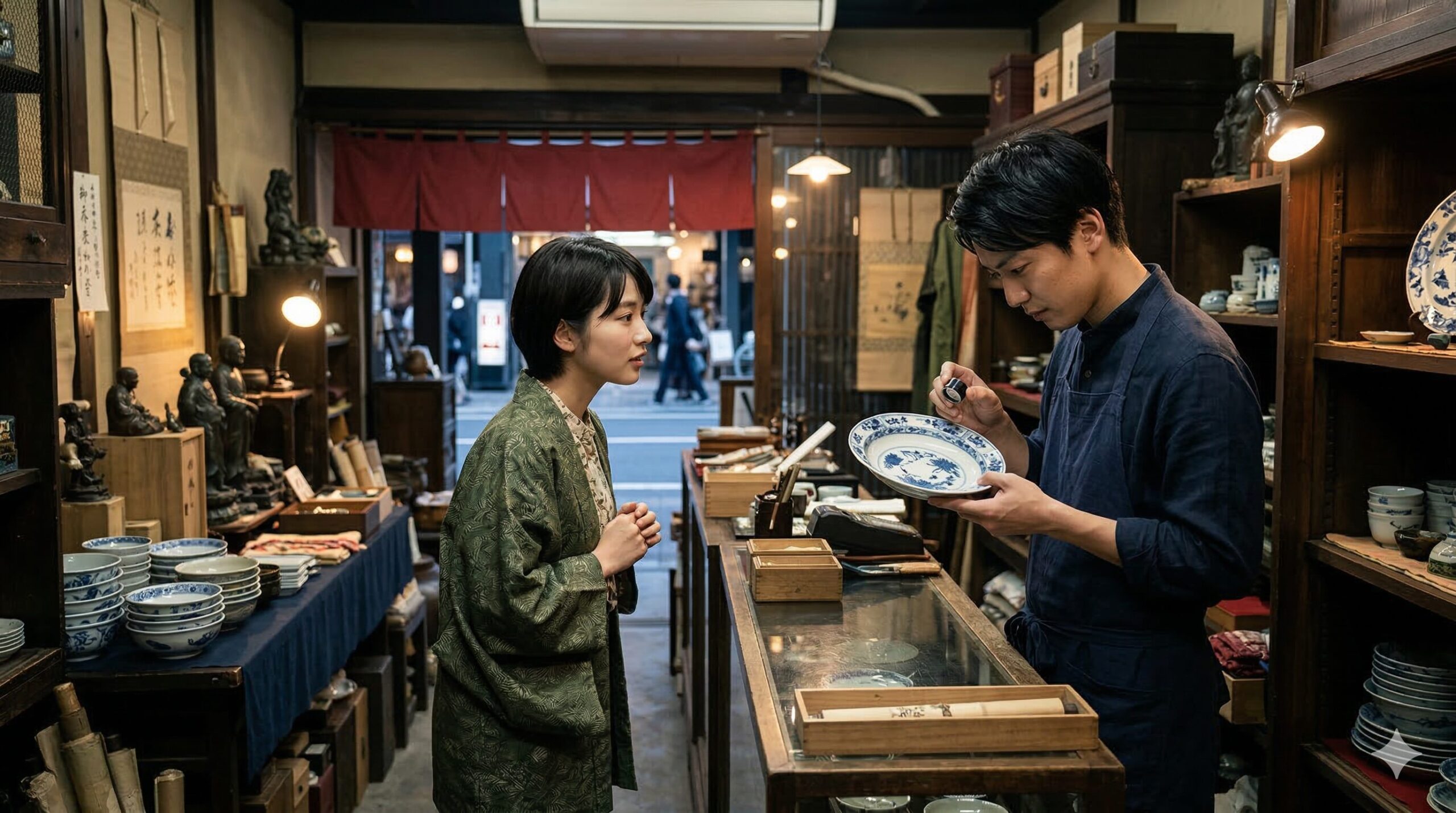 京都の寺町三条にある骨董品店の薄暗い店内で、熱心に古い絵付けの皿を鑑定する若い日本人男性店主と、それを見守る日本人女性客。